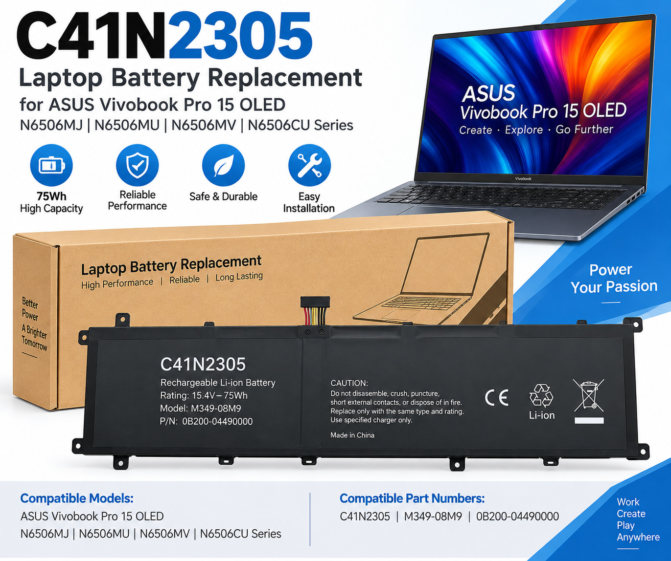 C41N2305 Battery for ASUS Vivobook Pro 15 OLED N6506 N6506MJ N6506MU N6506MV