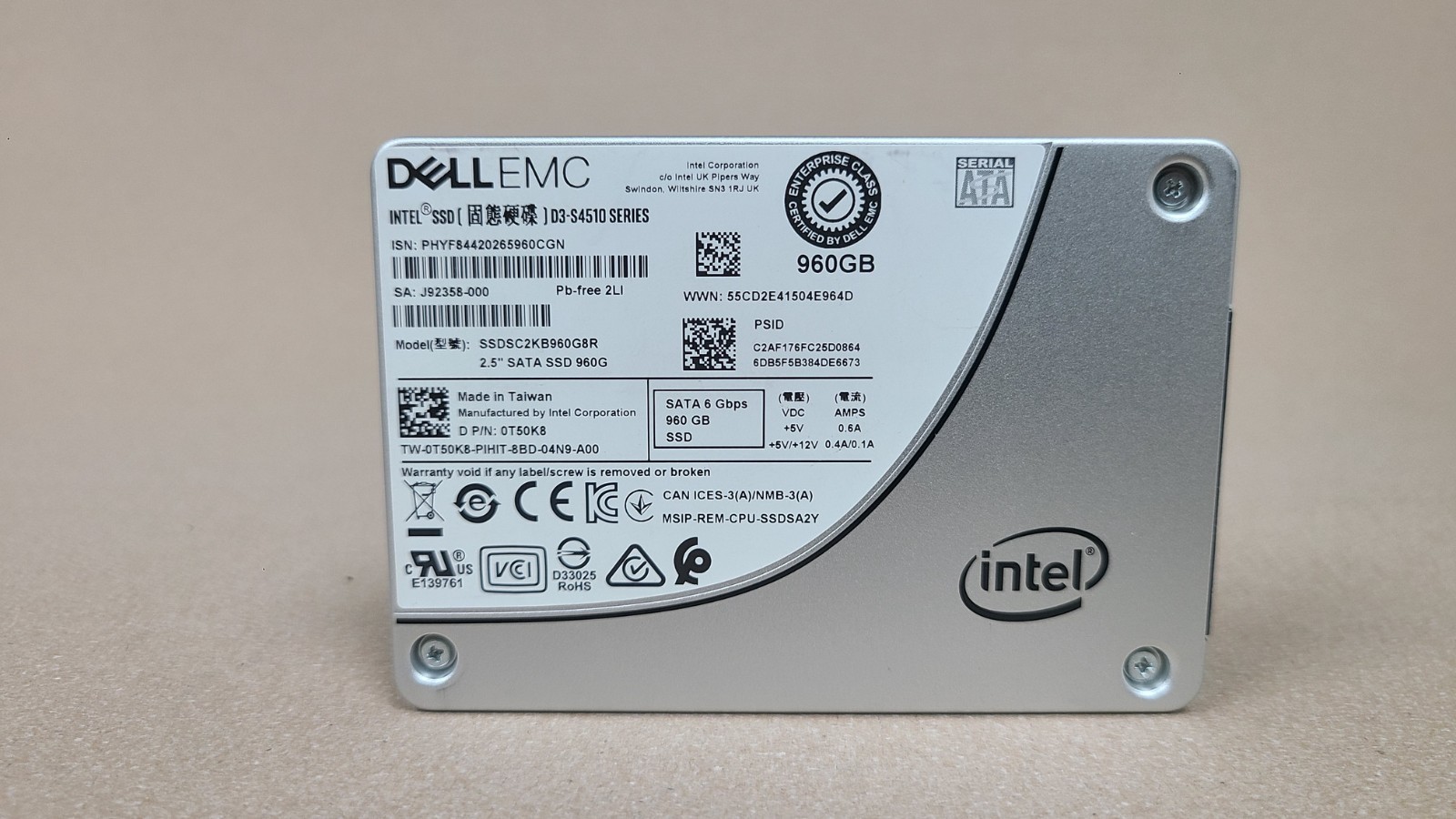 Dell EMC SSDSC2KB960G8R 2.5" 960GB 6Gbps SATA SSD Drive 0T50K8 (90-99% Health)