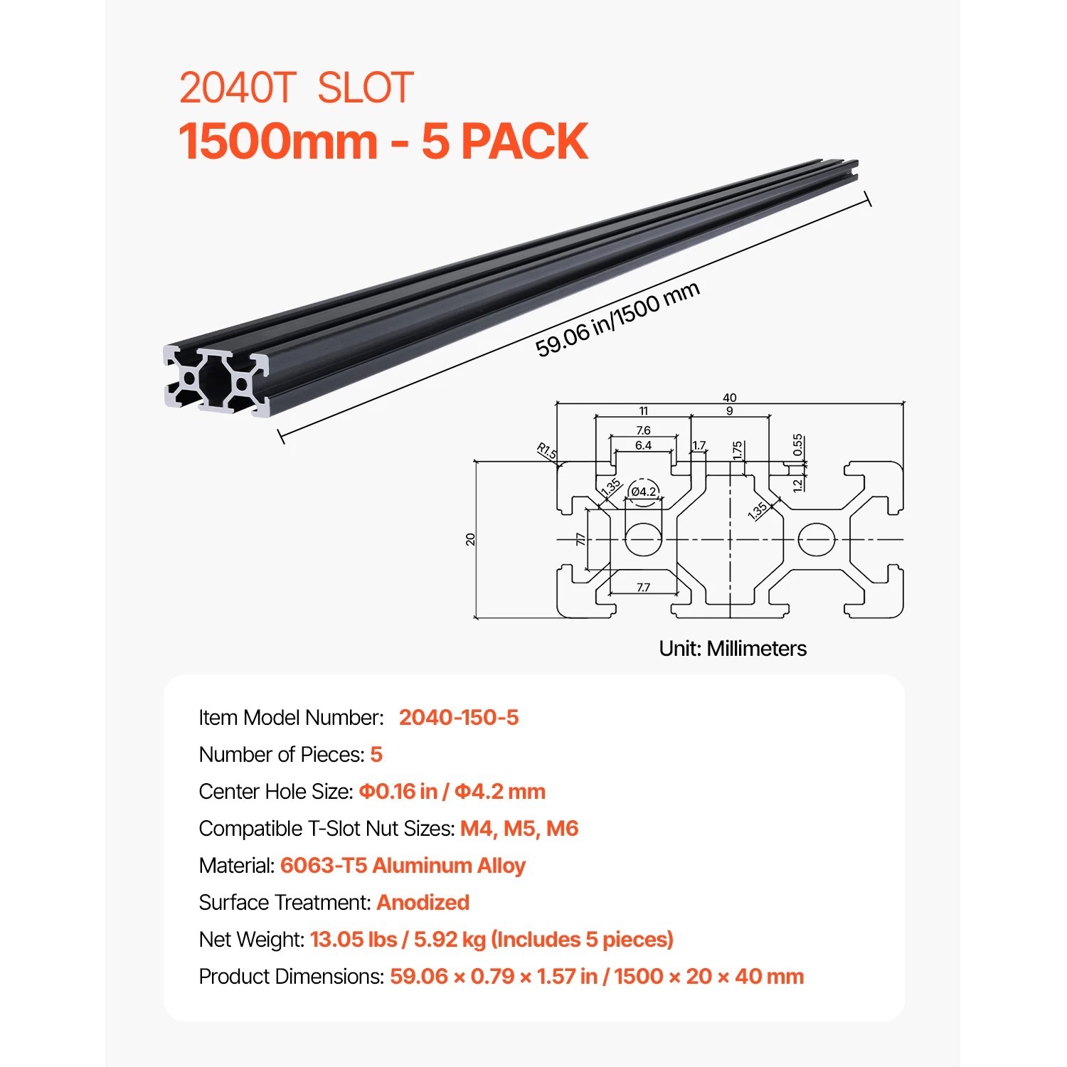 Linear Rail 4-5 PCS T Slot 2040 Aluminum Extrusion for 3D Printer, CNC Machine