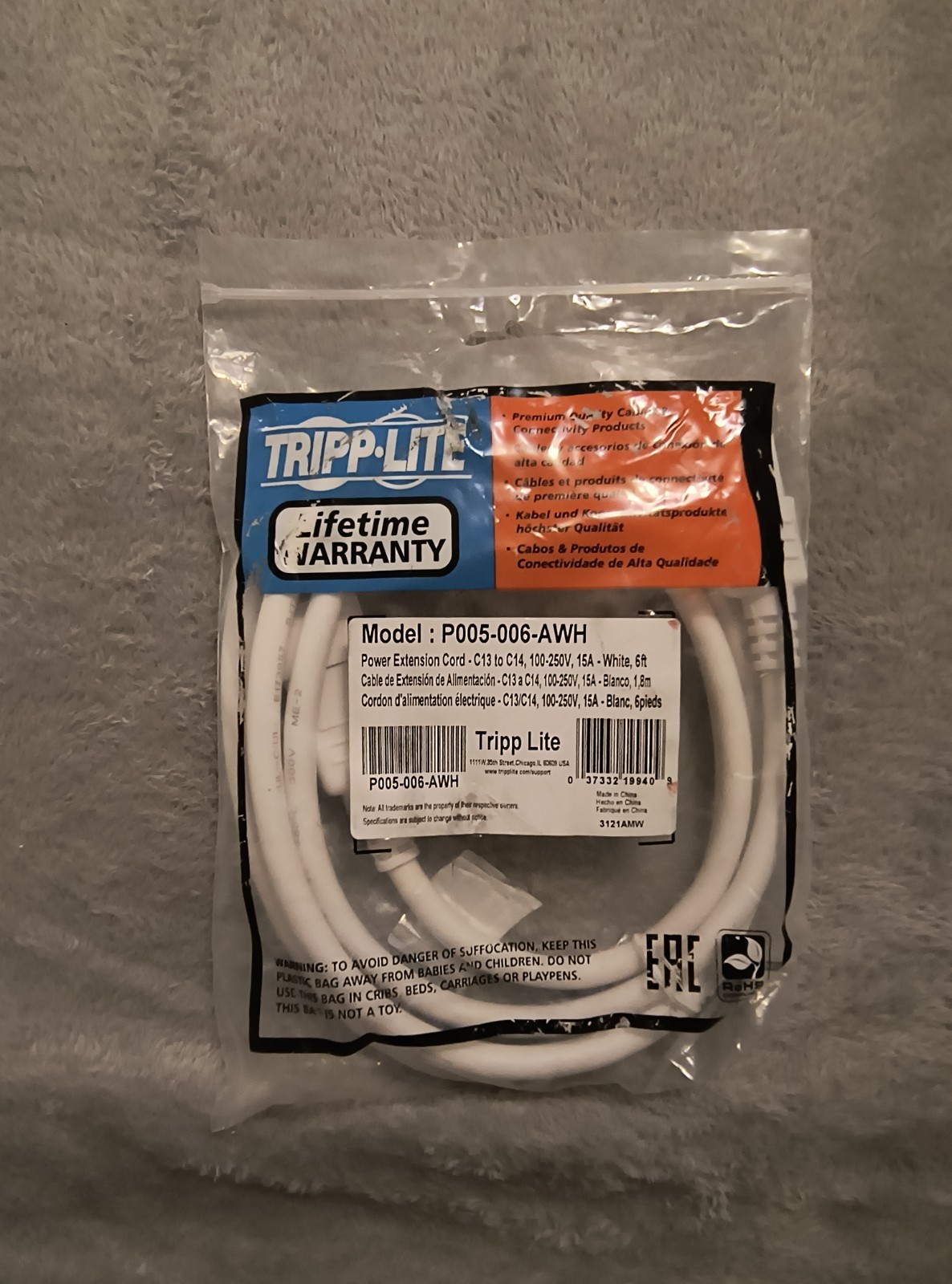 Tripp Lite Heavy Duty Power Cords 15A 14 AWG C14 to C13 White 6' (7 Left )