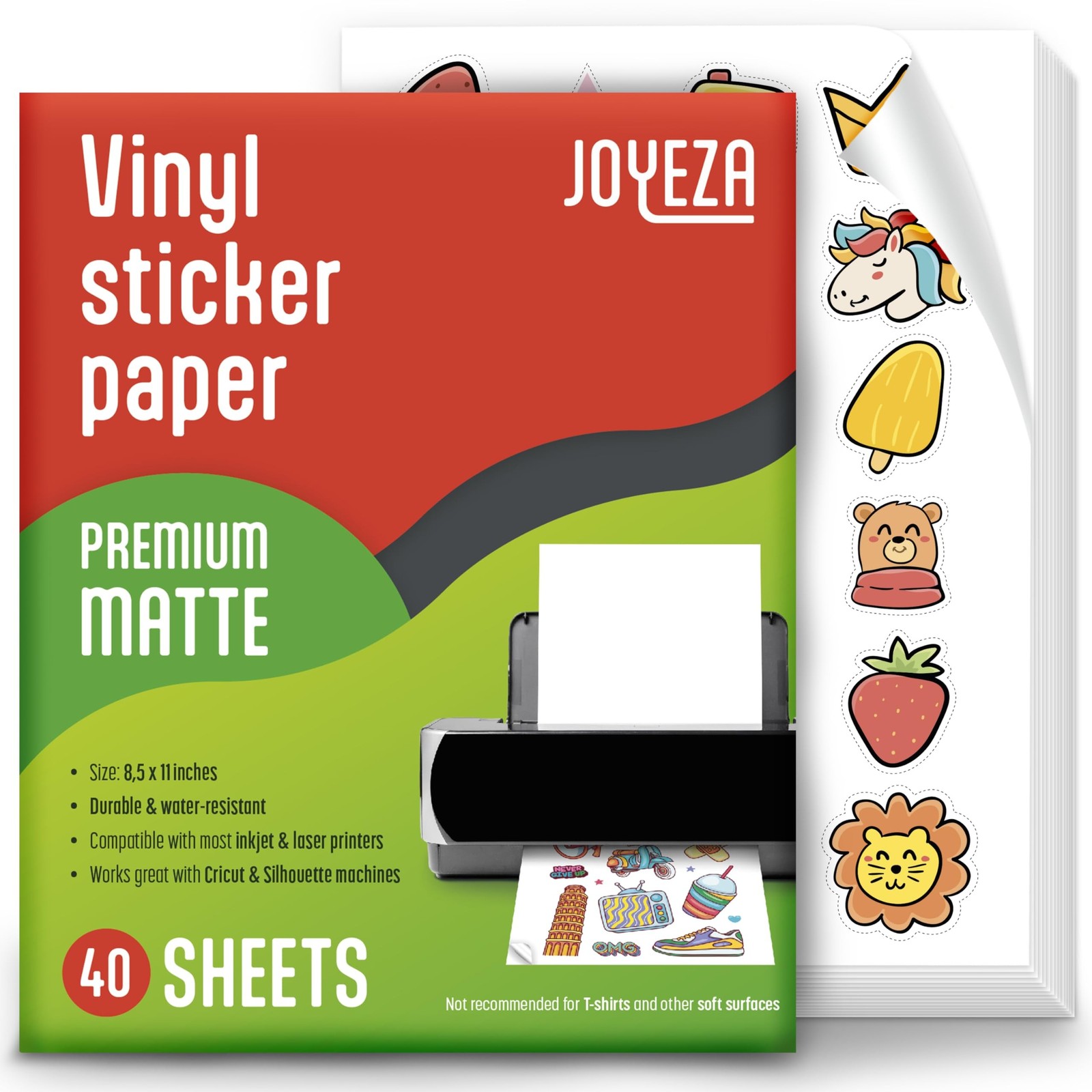 JOYEZA Premium Printable Vinyl Sticker Paper for Inkjet Printer - 40 Sheets M...
