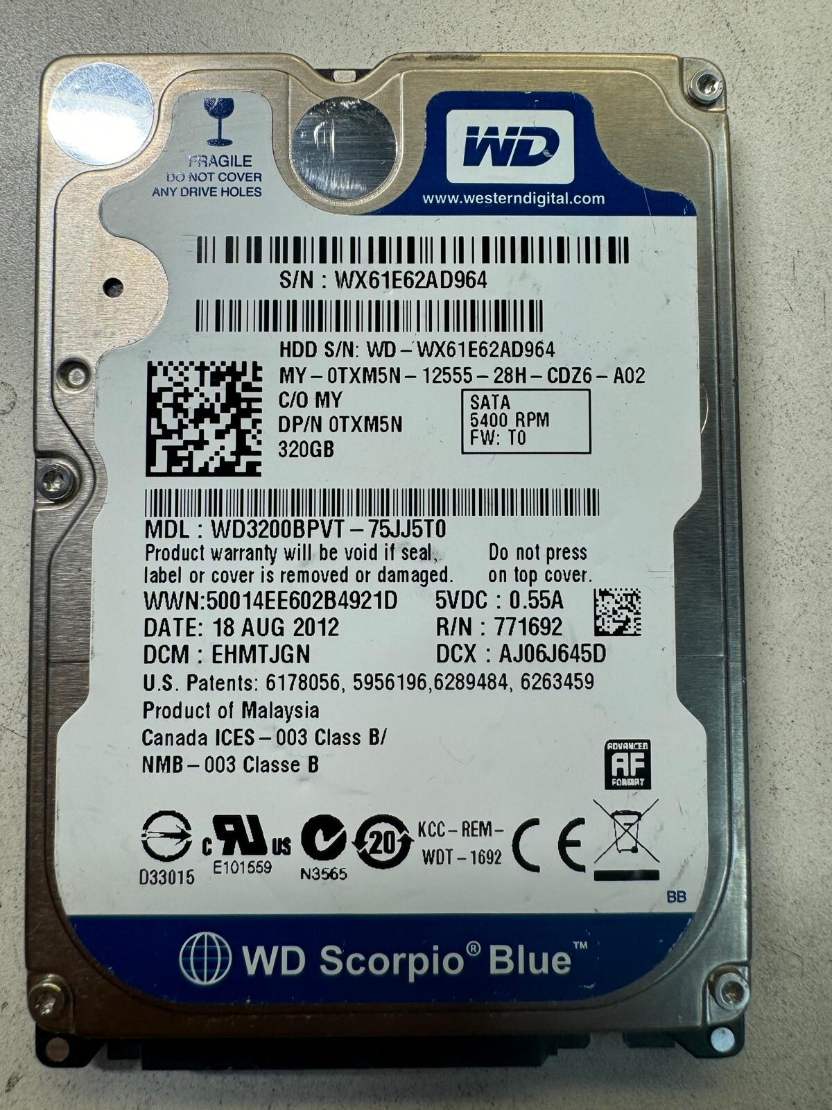 DELL TXM5N WD-3200BPVT-75JJ5T0 771692 320GB 5.4K RPM 8MBCache 3Gb/s SATA 2.5"HDD