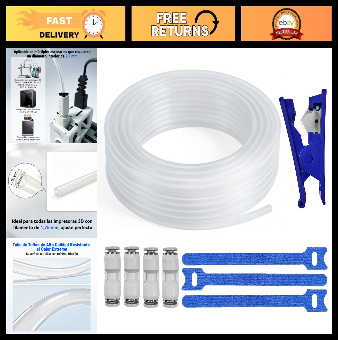 PTFE Tube Kit 2.5mm ID x 4mm OD 10M for 3D Printers, Compatible with Bambu, Crea