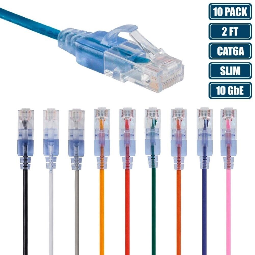 10x 2FT CAT6A RJ45 Ethernet LAN Network Patch Cable Slim Cord Router 10-COLOR