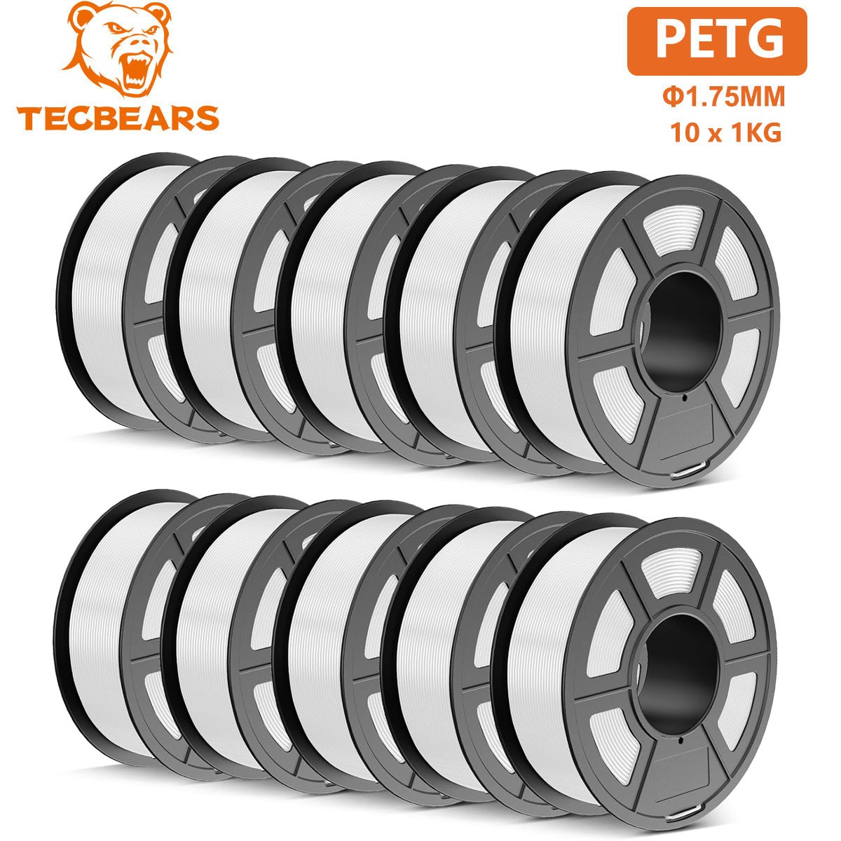 TECBEARS PETG 10KG White 3D Printer Filament Consumables 1.75mm Neat Winding