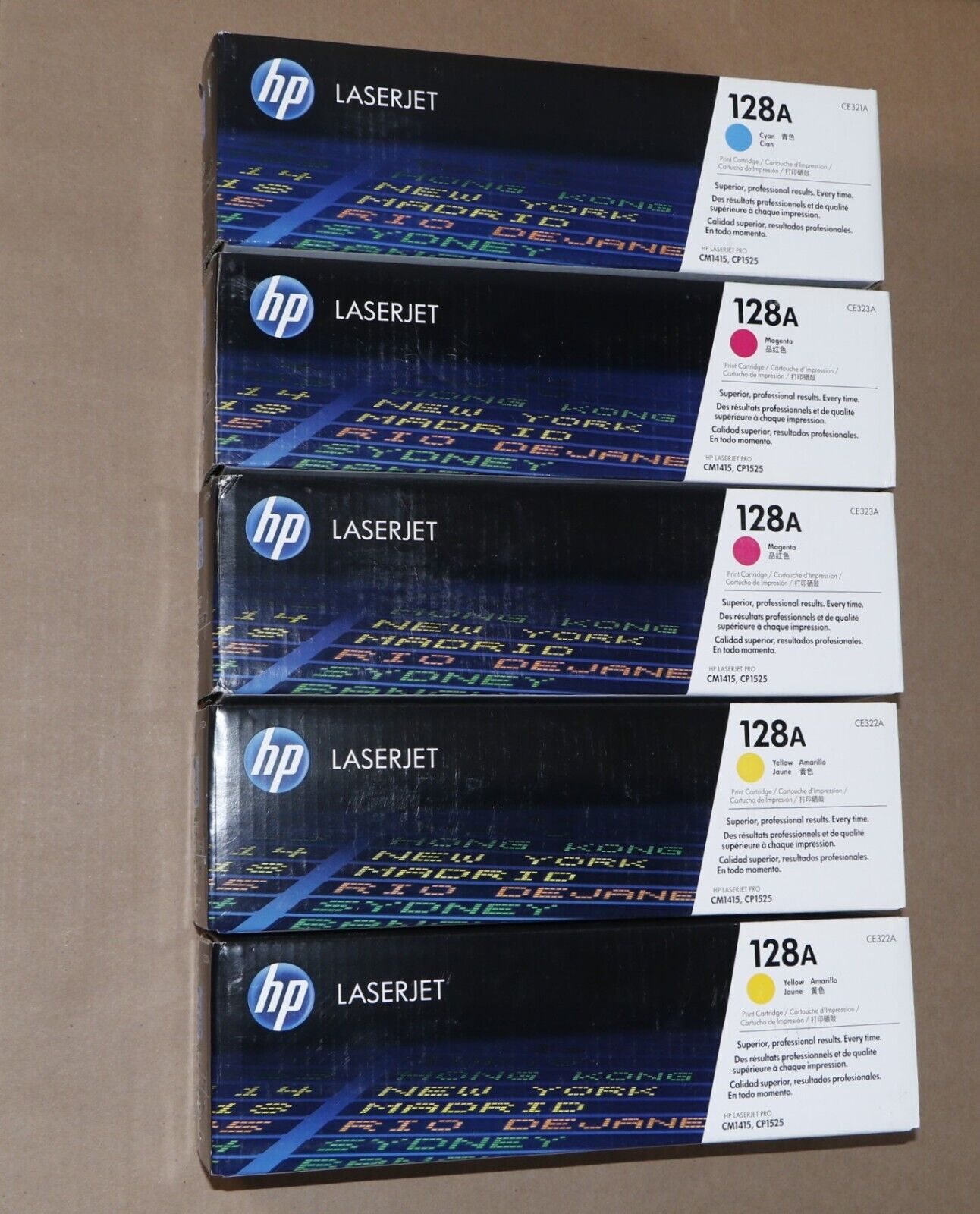 5 OEM HP 128A LaserJet CM1415, CP1525 CMMYY Print Cartridges CE321A,322A,323A