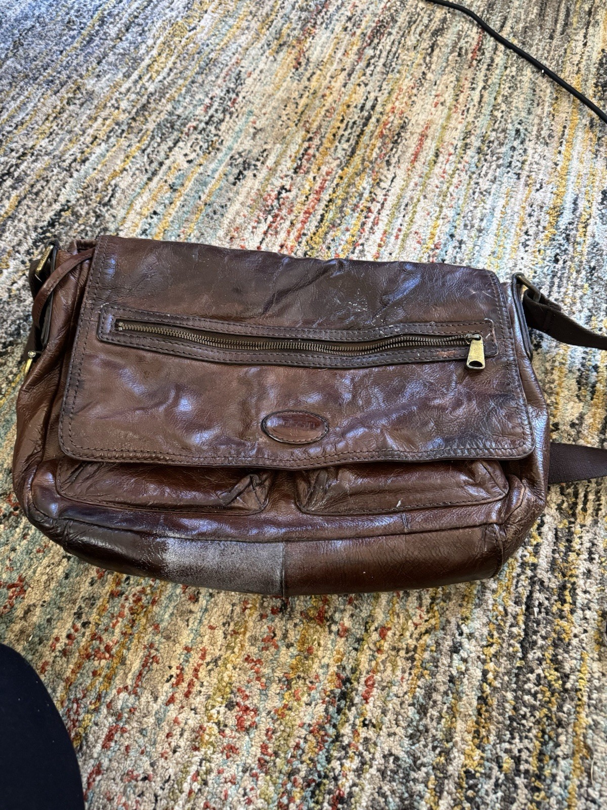 Fossil Brand Brown Rugged Distressed Leather E/W Laptop Messenger Bag