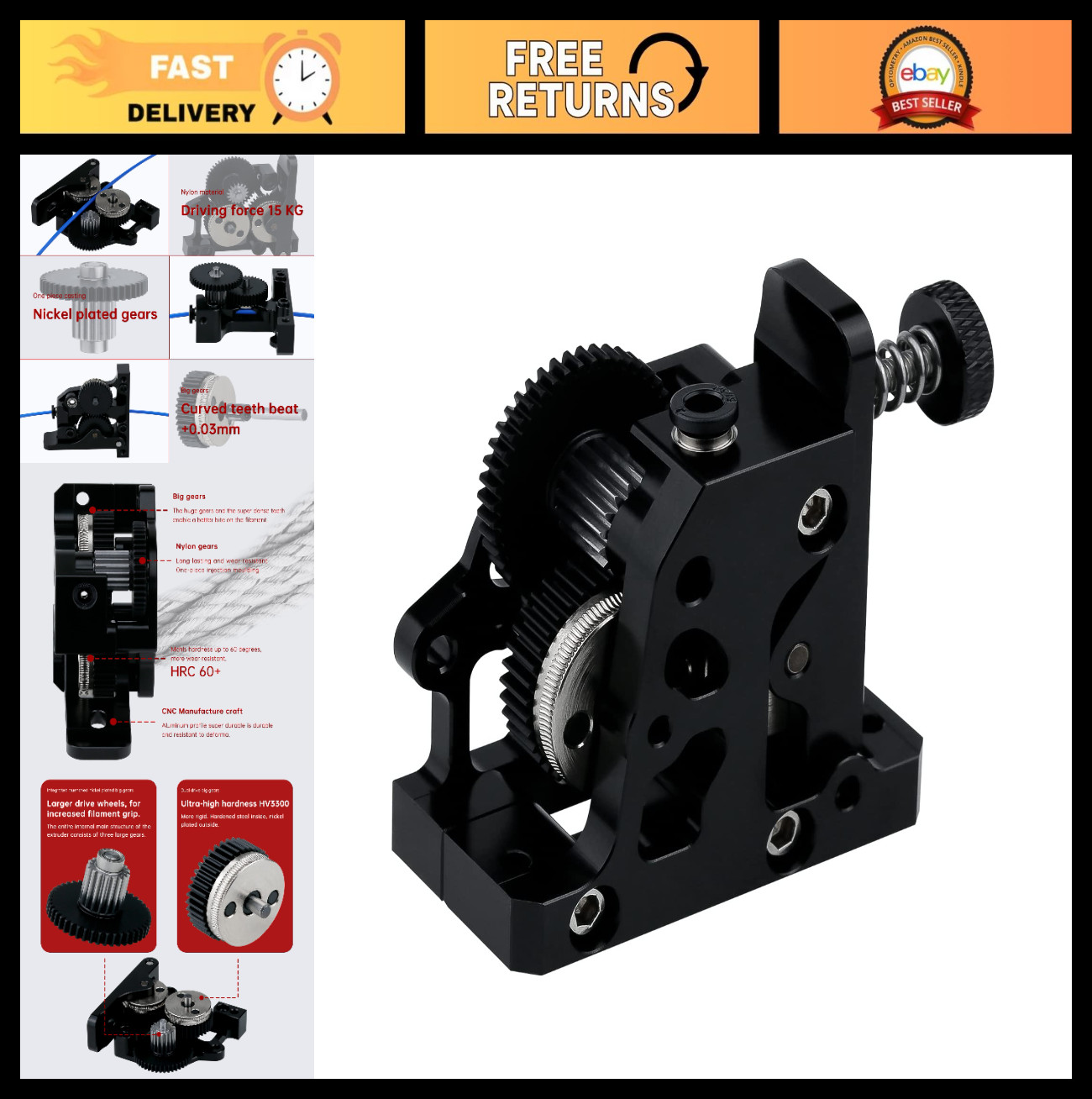 All-Metal Hardened Steel 3D Printer Extruder Gear, POM Drive for Ender 3, CR-10