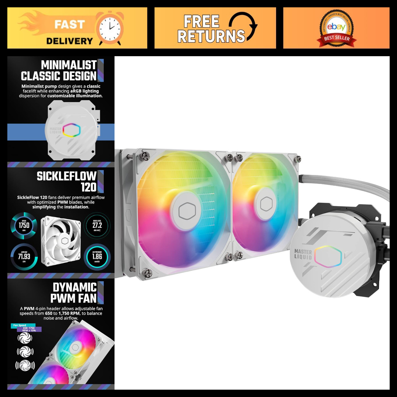 240mm AIO CPU Liquid Cooler - ARGB Fans, Dual-Chamber Pump, Quiet & Easy Install