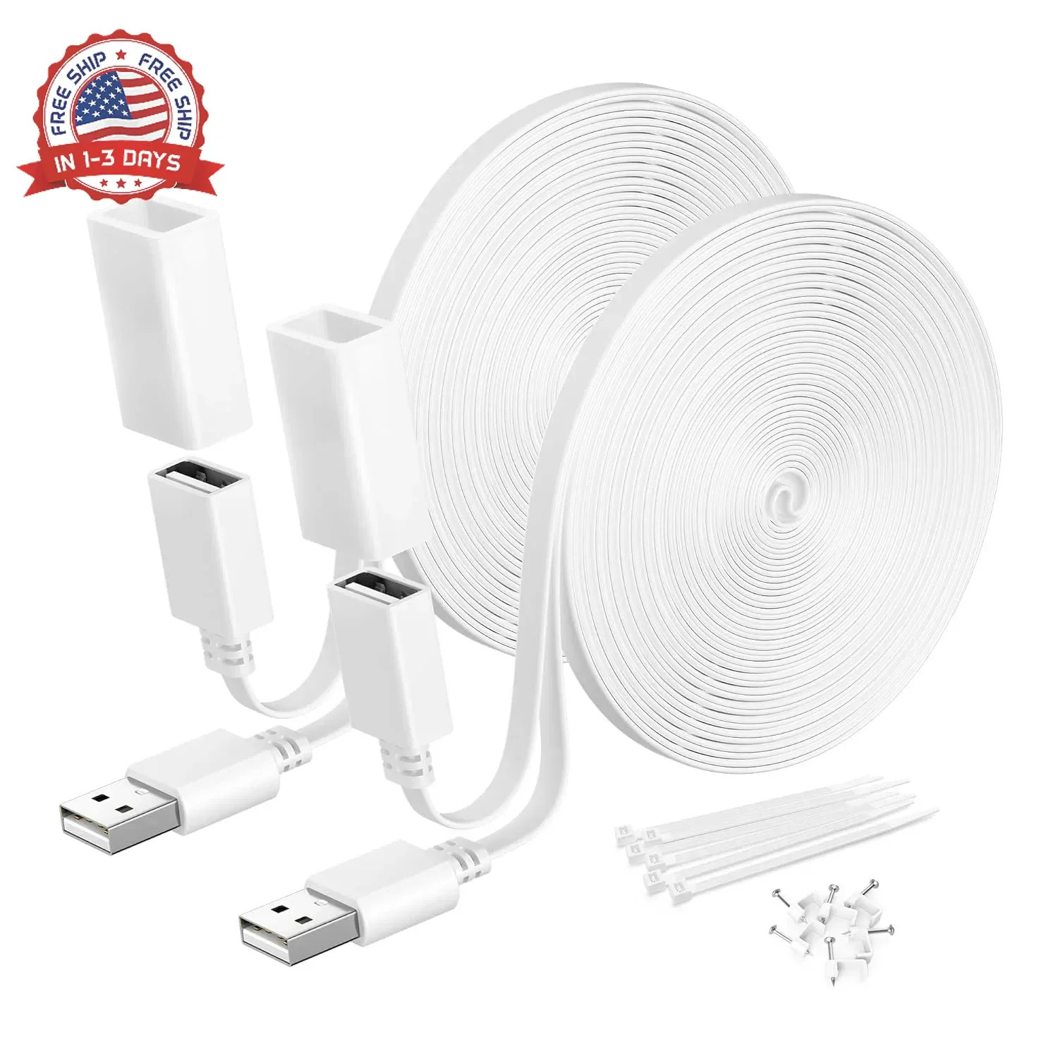 Itramax Flat USB Extension Cable White 20FT/6M 2Pack,USB Extender Wire Long Powe