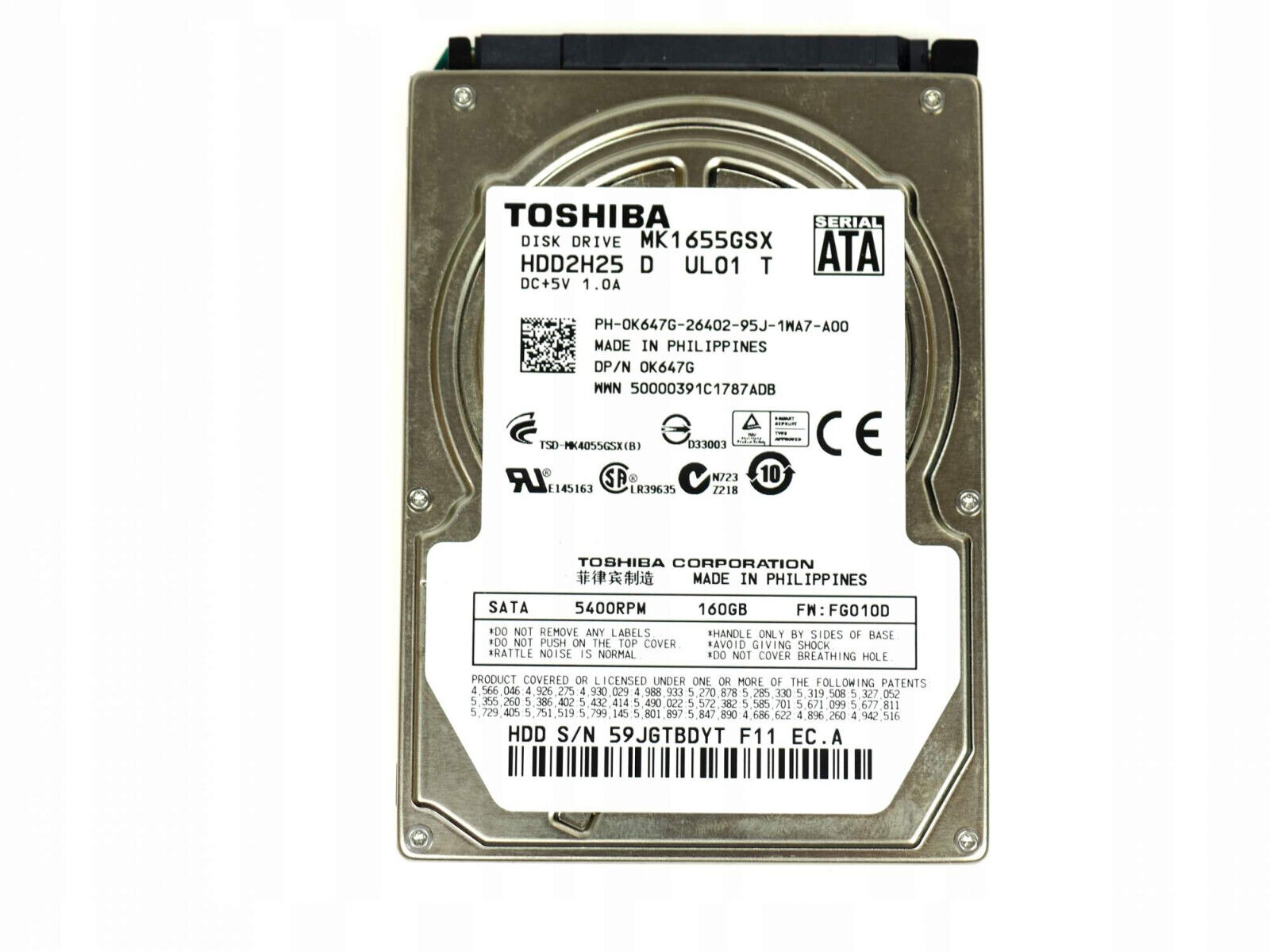Lot of Five 5 Toshiba MK1655GSX HTS545016B9 SATA 160GB 2.5