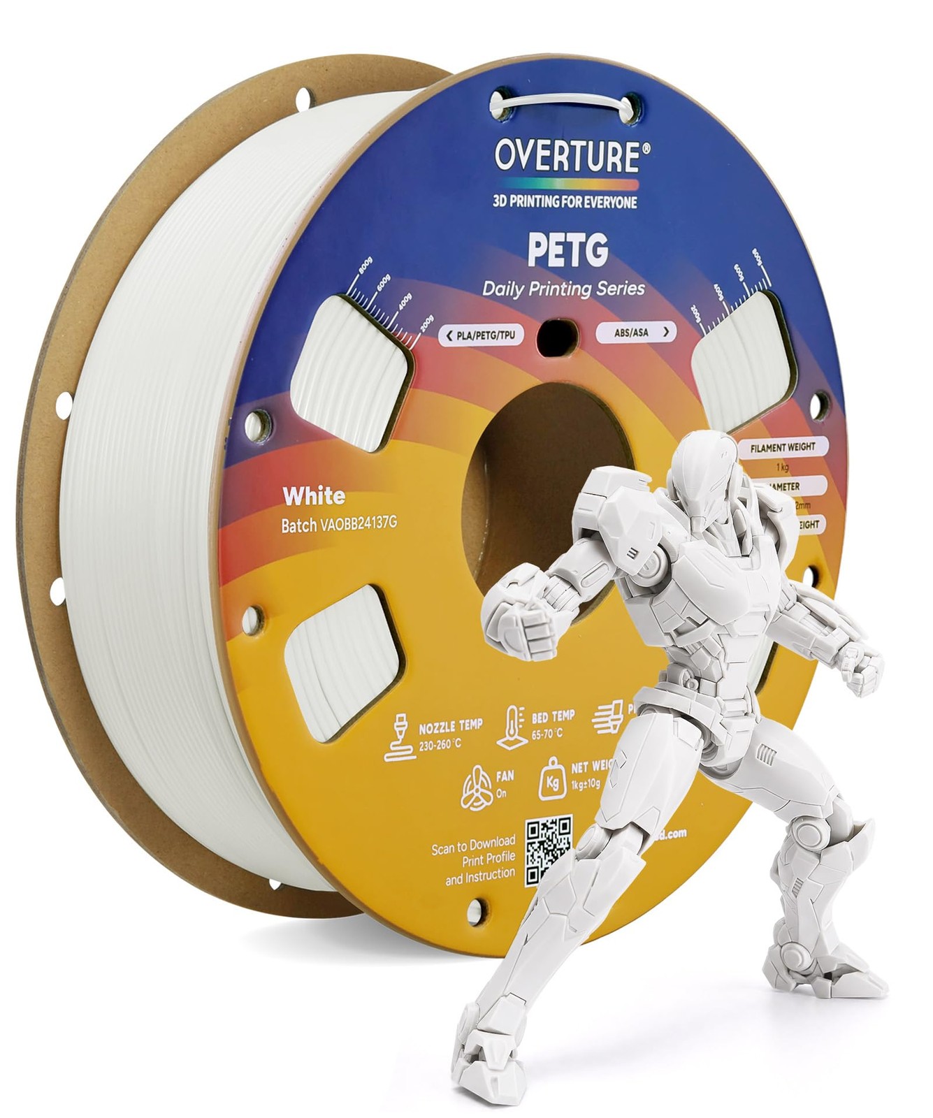 OVERTURE High Speed PETG Filament 1.75mm, 1kg White 1kg,