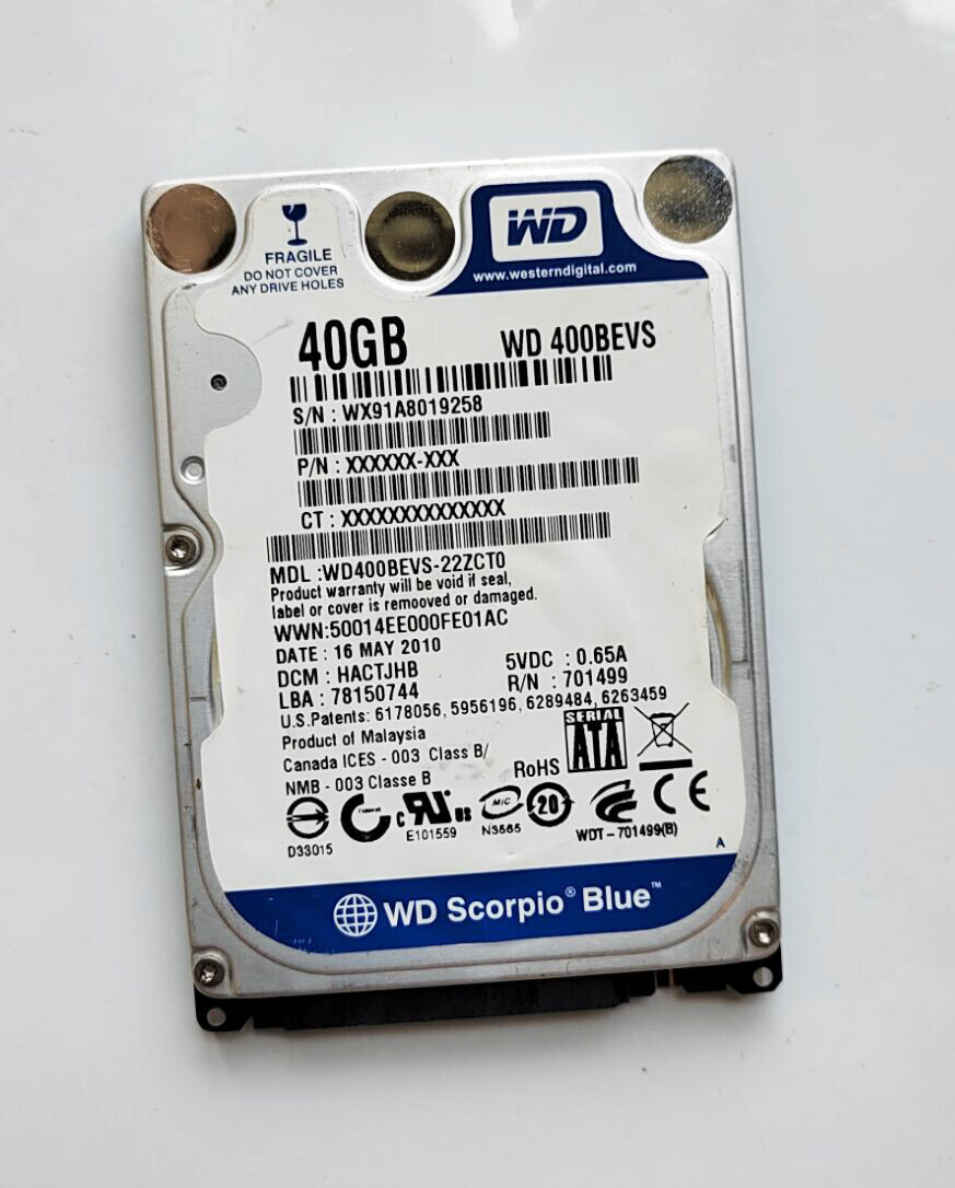 Genuine Western Digital SATA 40 Gig Hard Disk Drive
