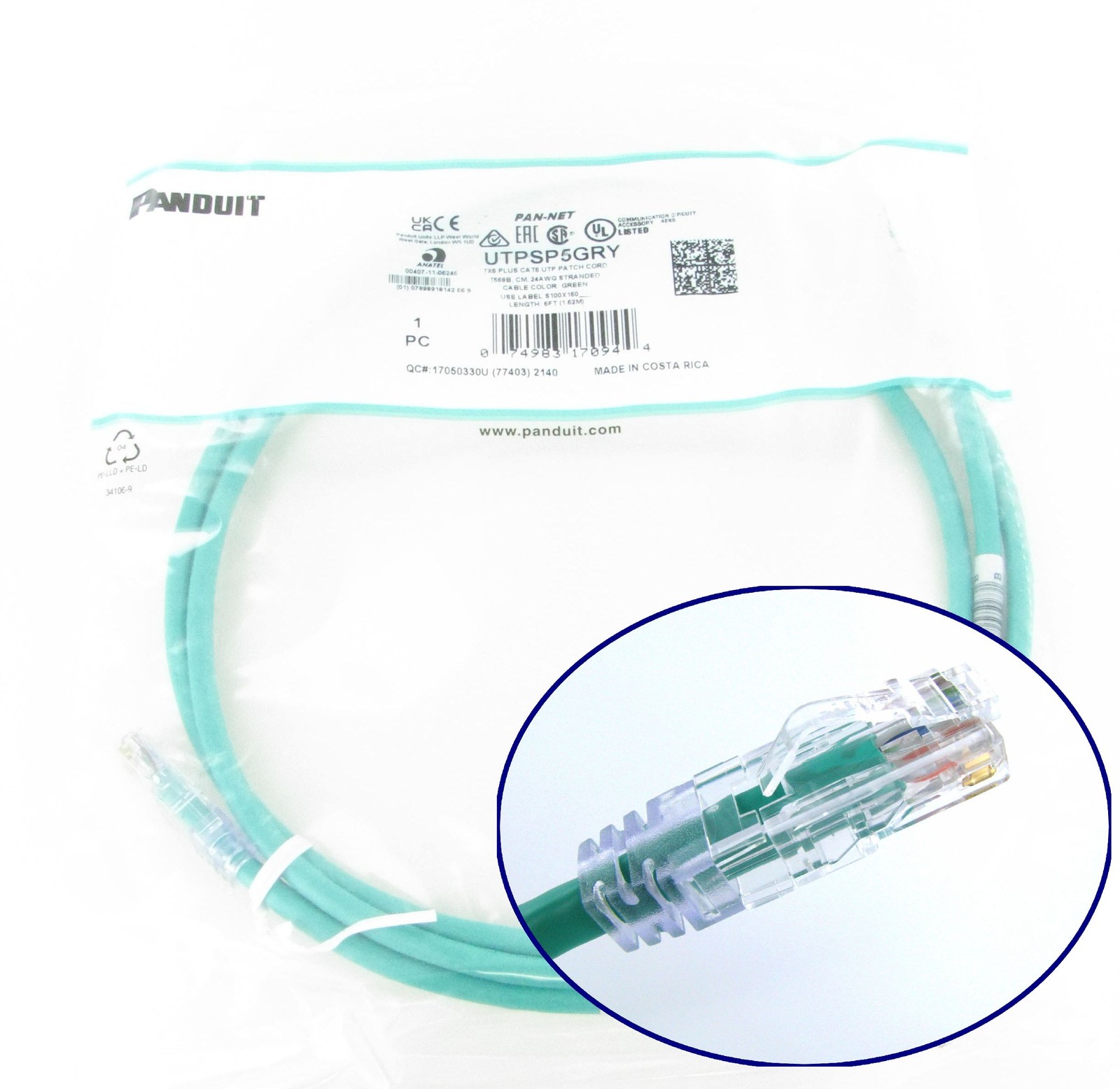 Panduit UTPSP5GRY TX6 Plus Cat6 UTP Patch Cable 5ft Green RJ45 ~STSI