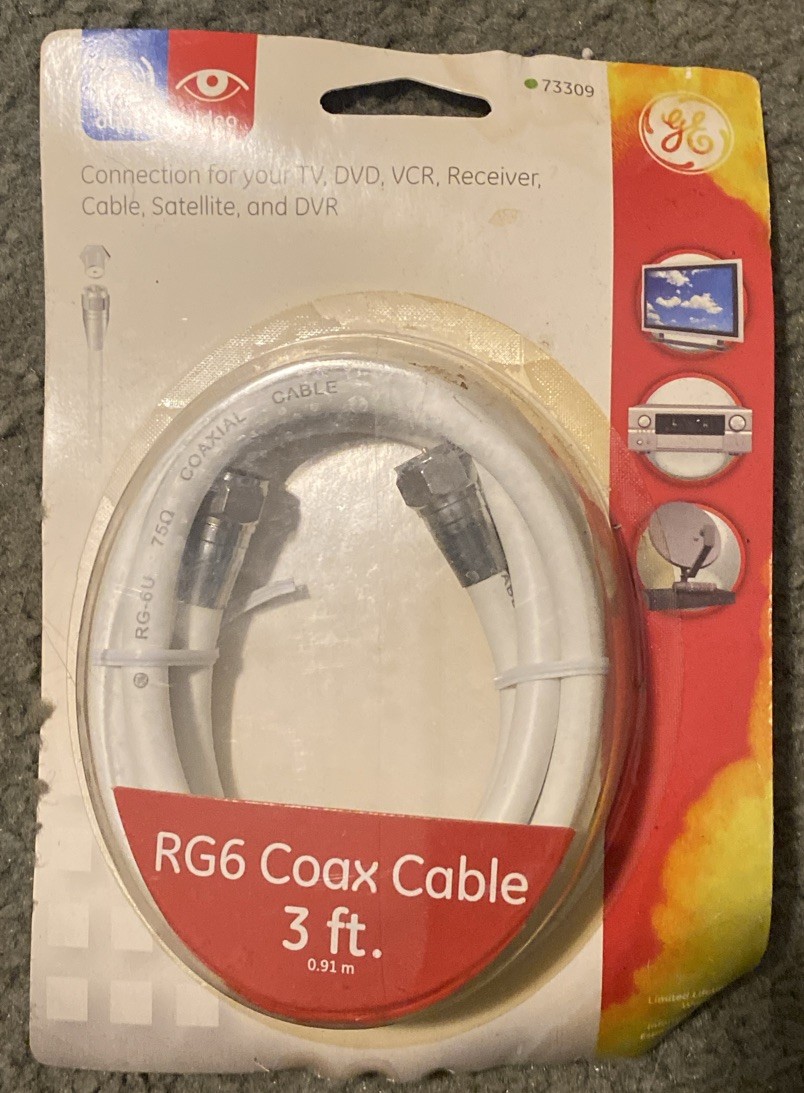 73309 3' White Video RG8 Coax Cable With Silver Ends GE Jasco 