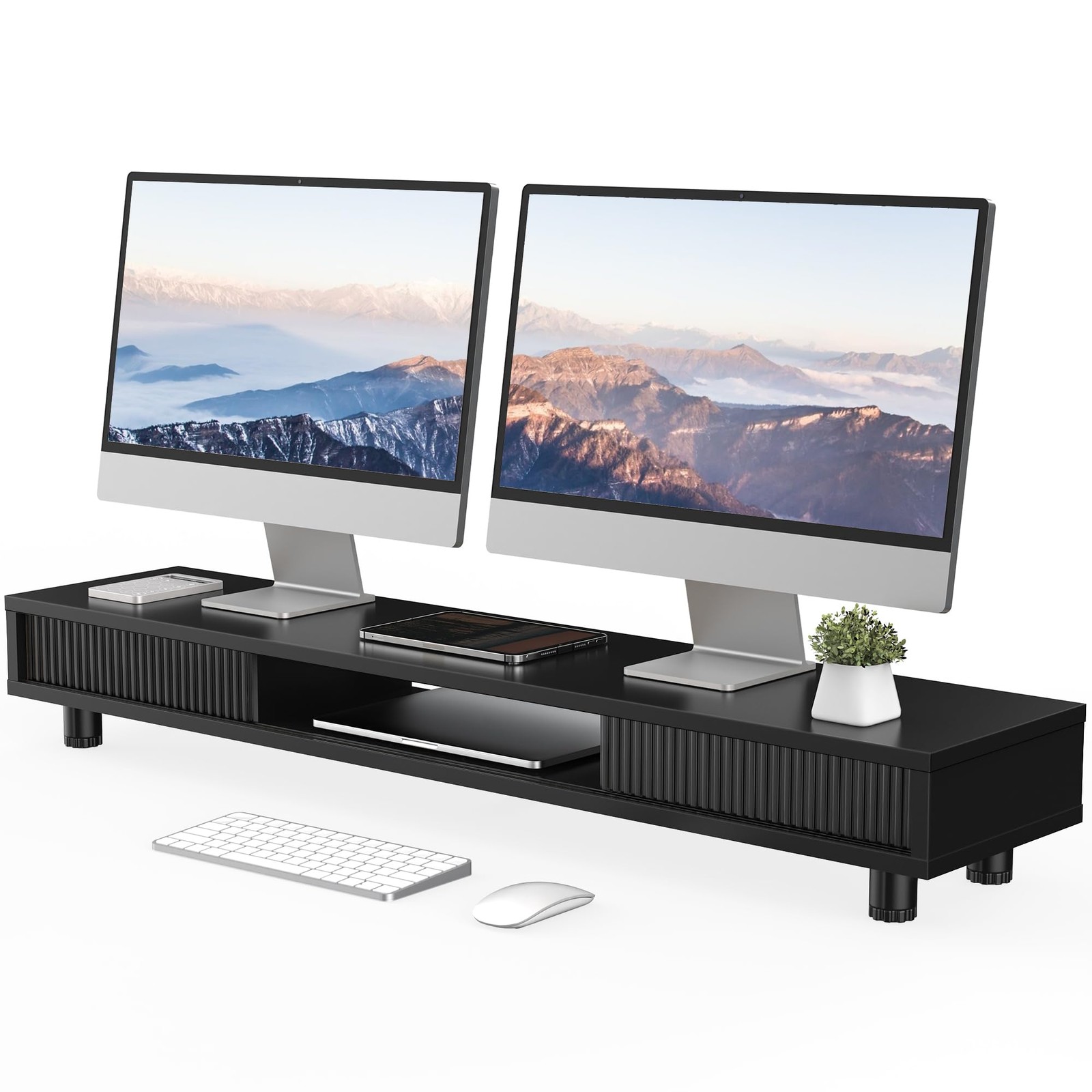 Dual Monitor Stand with Storage, Desk Shelf with Glass Sliding Door