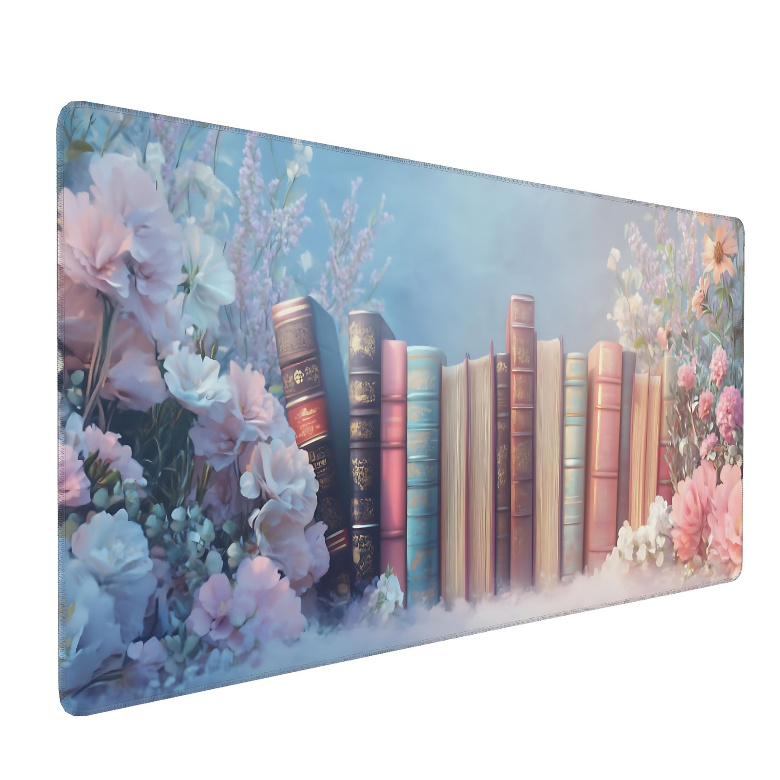 Cute Floral Aesthetic Book Gaming Mouse Pad, Blue Pink Dreamy Desk Mat with A...