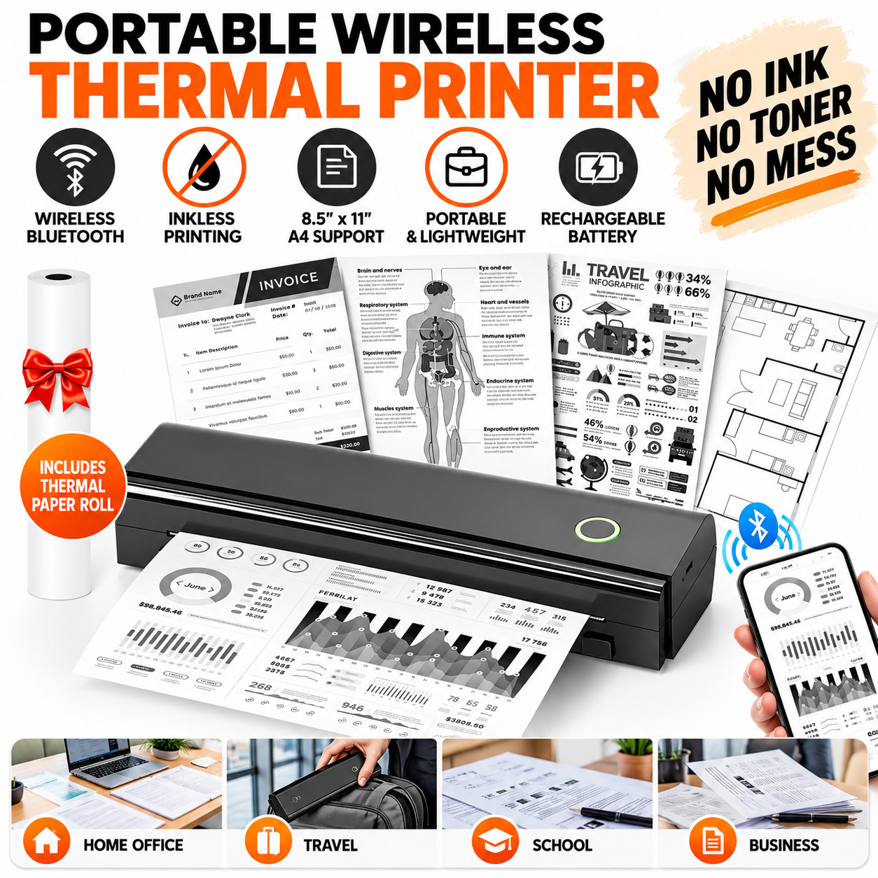 Portable Wireless Bluetooth Thermal Printer Inkless 8.5x11 A4 Travel Printer