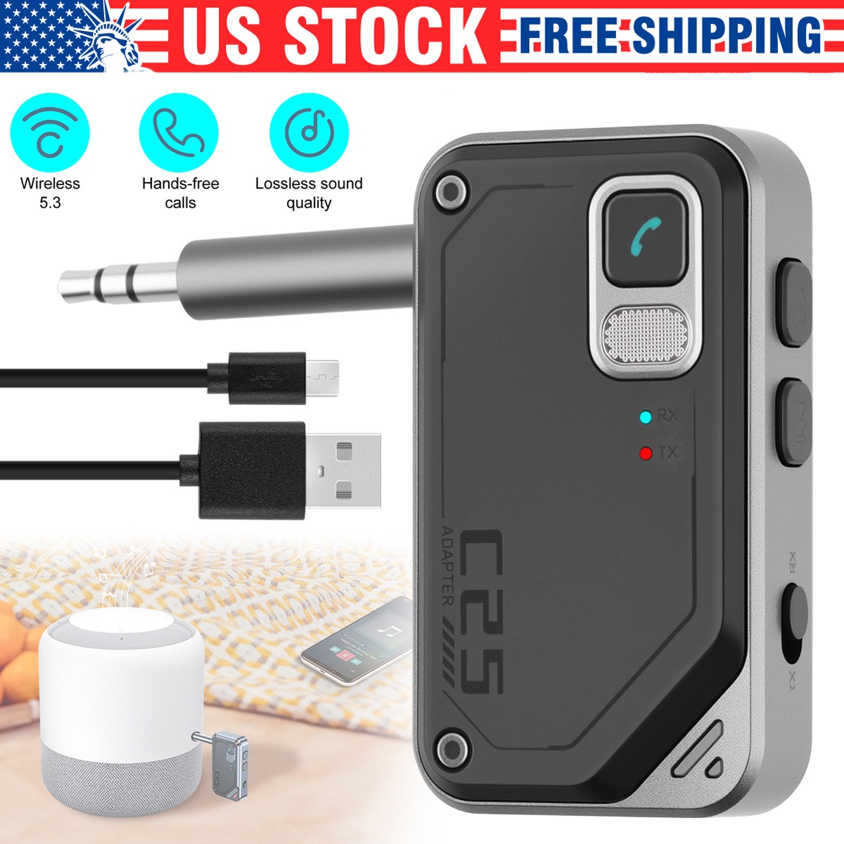 3.5mm Bluetooth 5.3 2-in-1 AUX Adapter Wireless For Car TV Home Stereo Audio New