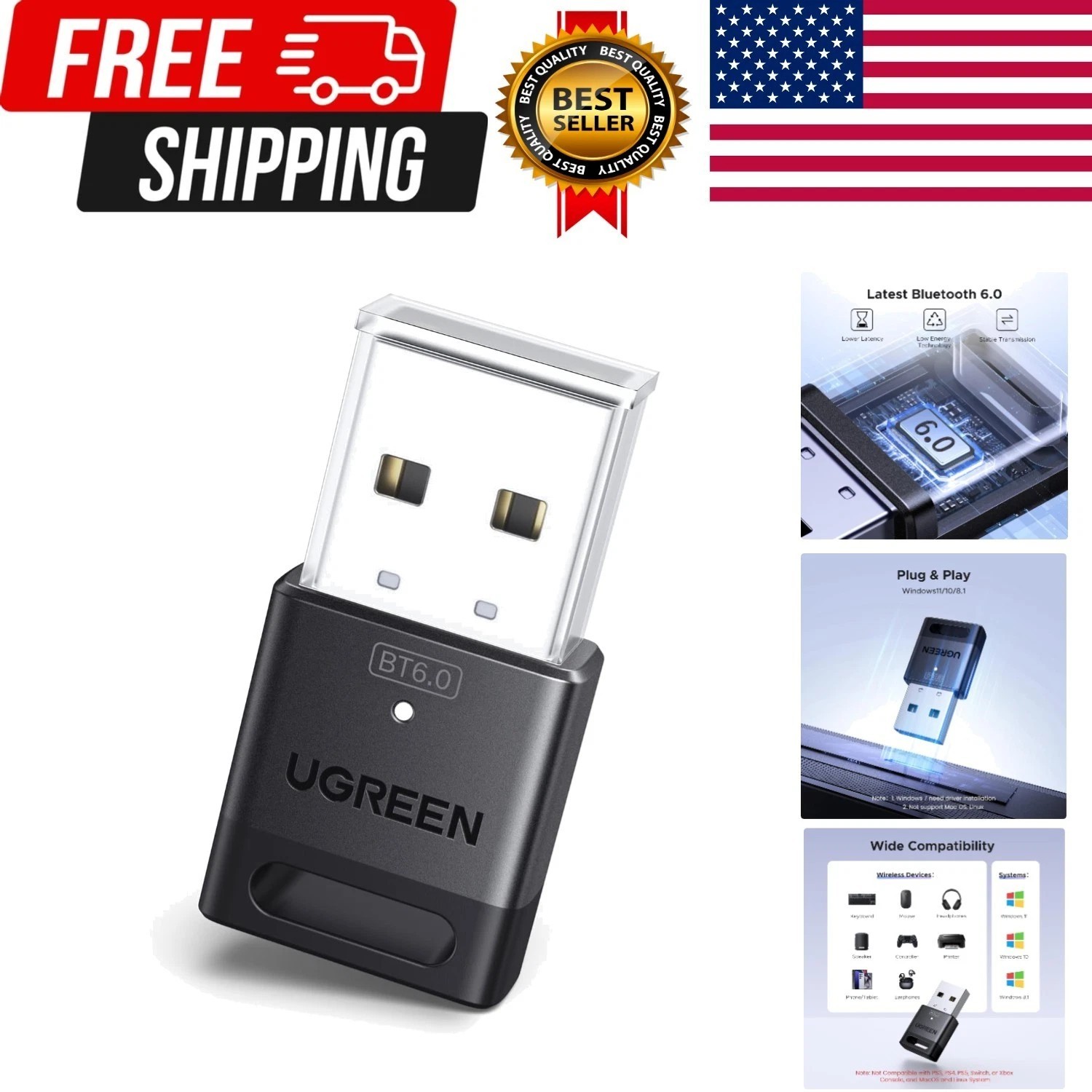 UGREEN USB Bluetooth Adapter for PC, Bluetooth 6.0 Dongle Receiver EDR & BLE, Pl