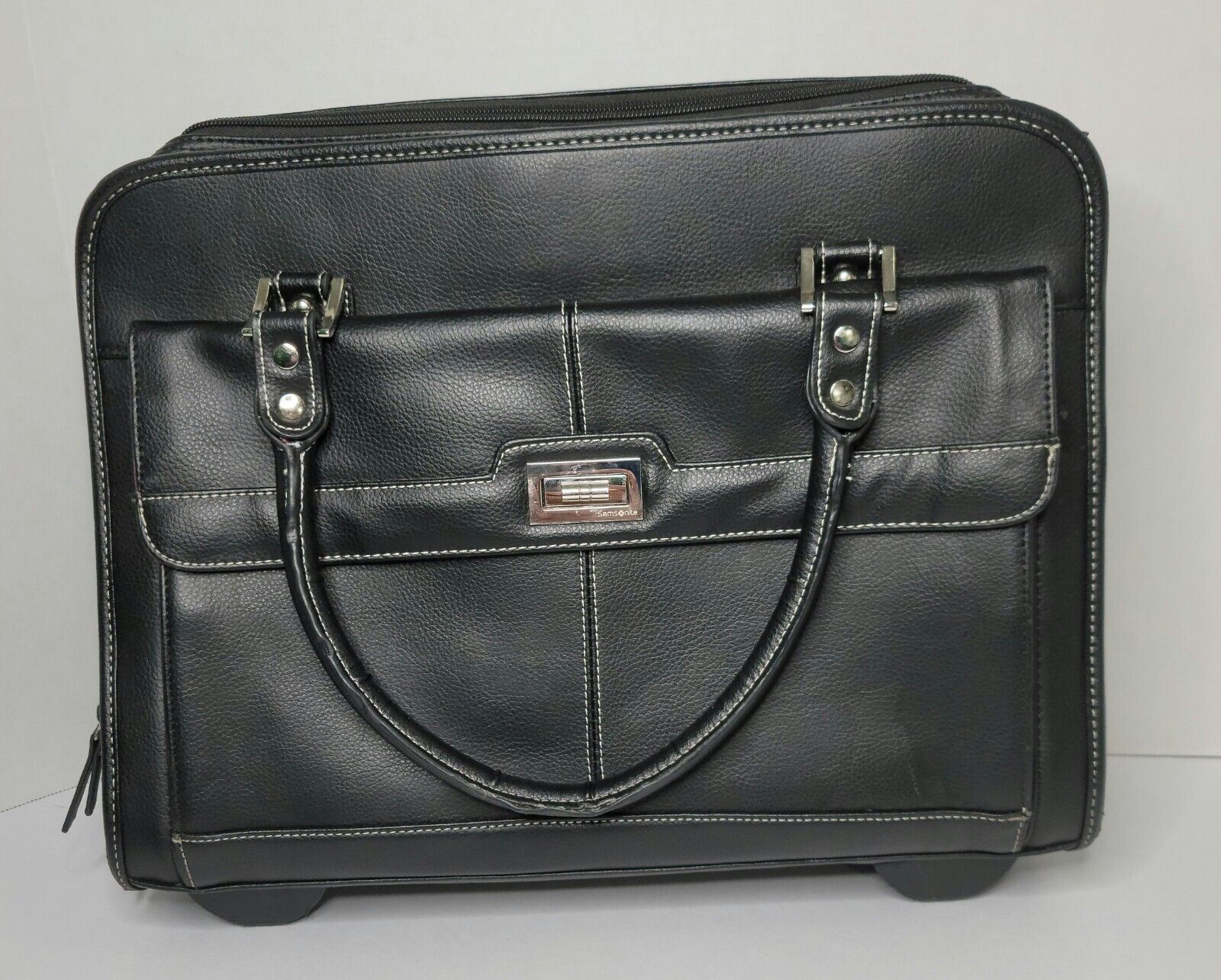 Samsonite Mobile Office Padded Laptop Carry & Extend Handles Wheels BLK Leather