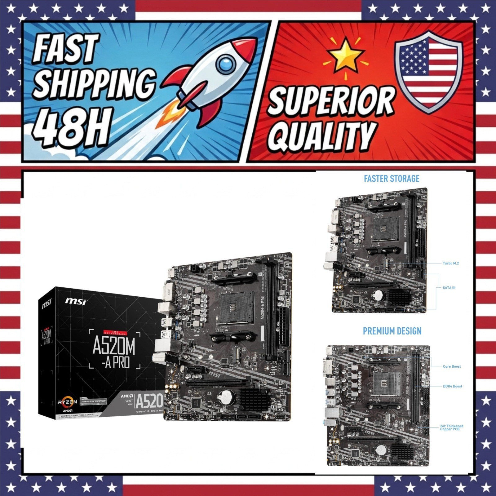 MSI A520M-A PRO V1 Micro-ATX Motherboard AM4 DDR4 M.2 HDMI DVI