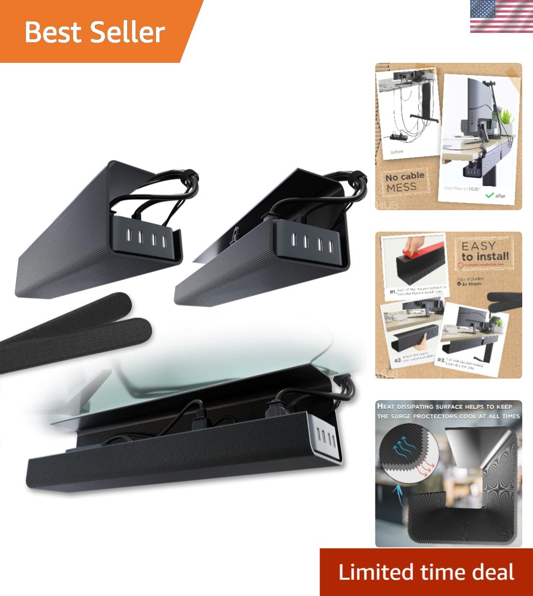Transform Your Workspace: Set of 2 Under Desk Cable Management Trays in Black