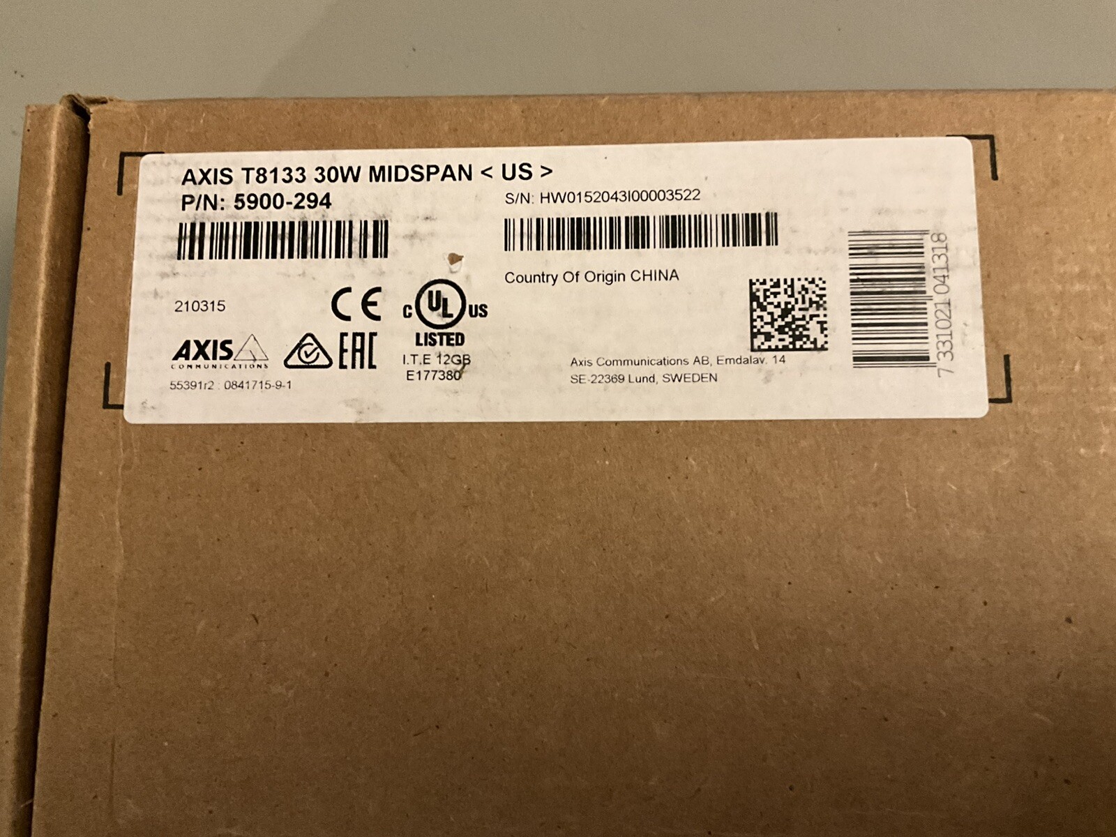 NEW AXIS T8133 5900-294 POE 30W Midspan - New in Box