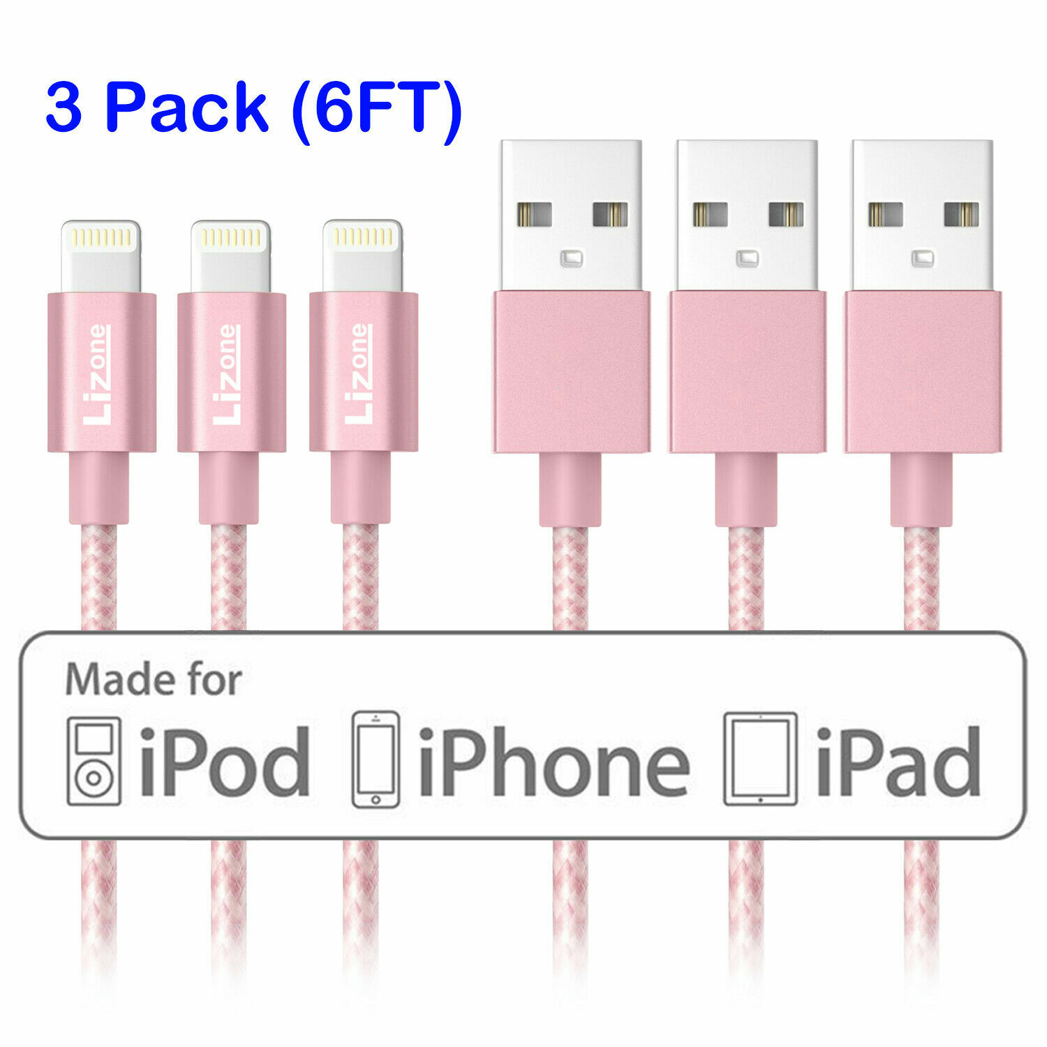 3X Lightning Cable 6Ft MFi Certified Rose for iPhone 11/XS Max/XR/X iPad Pro