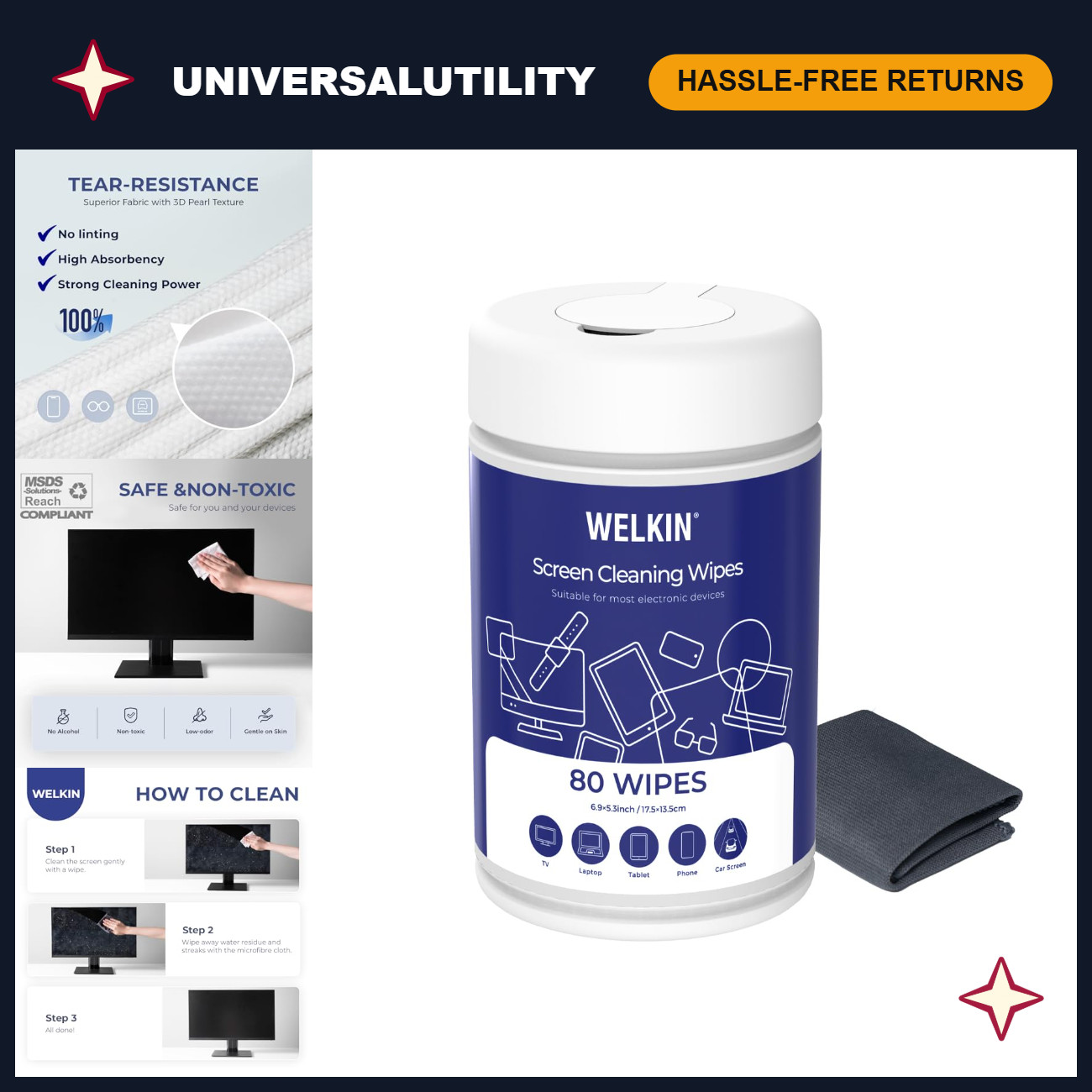 Streak-Free Electronic Cleaning Wipes, 80 Count, Screen & Device Cleaner