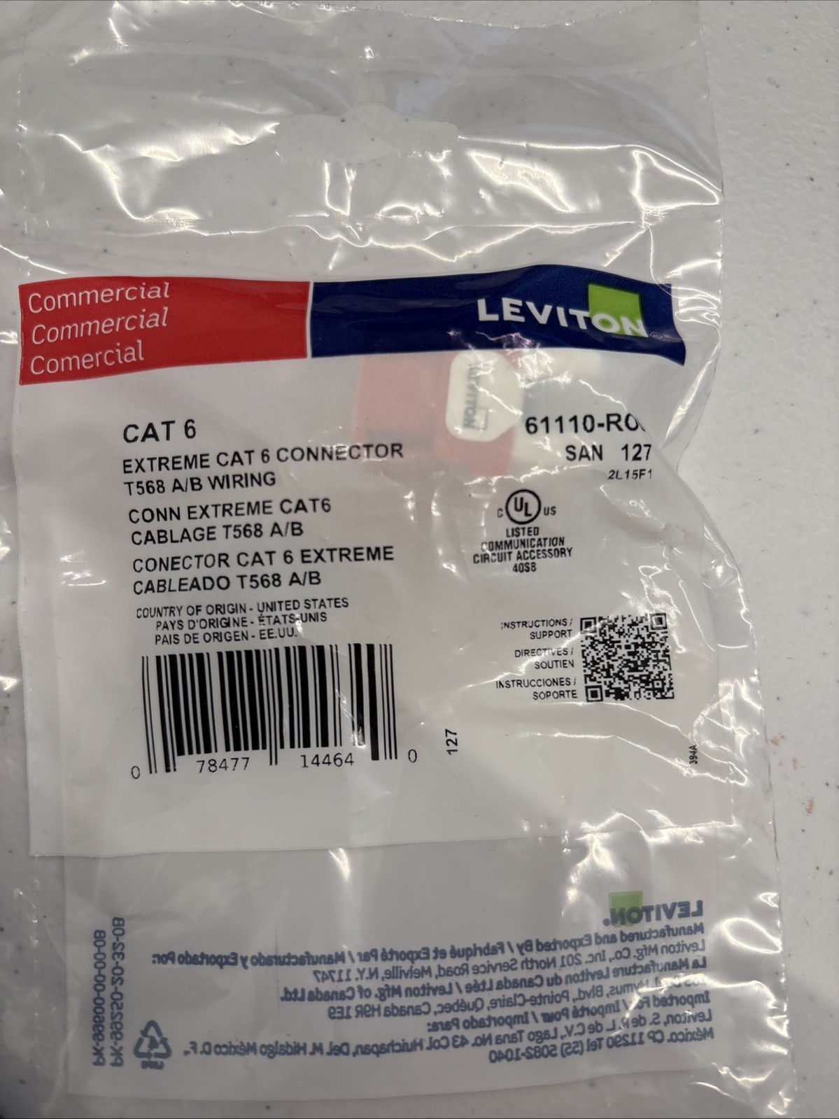 New (1) Leviton 61110-RO6 CAT6 Extreme Connector T568 A/B Wiring - Orange (1pk)