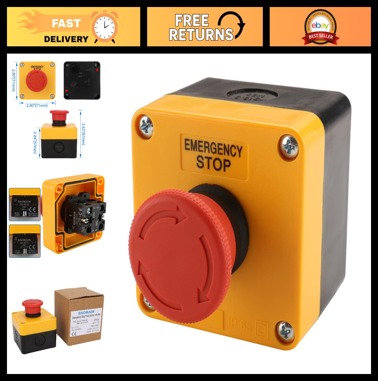 10-Pack Red E-Stop Button, 1NO1NC 660V 10A Waterproof Emergency Switch