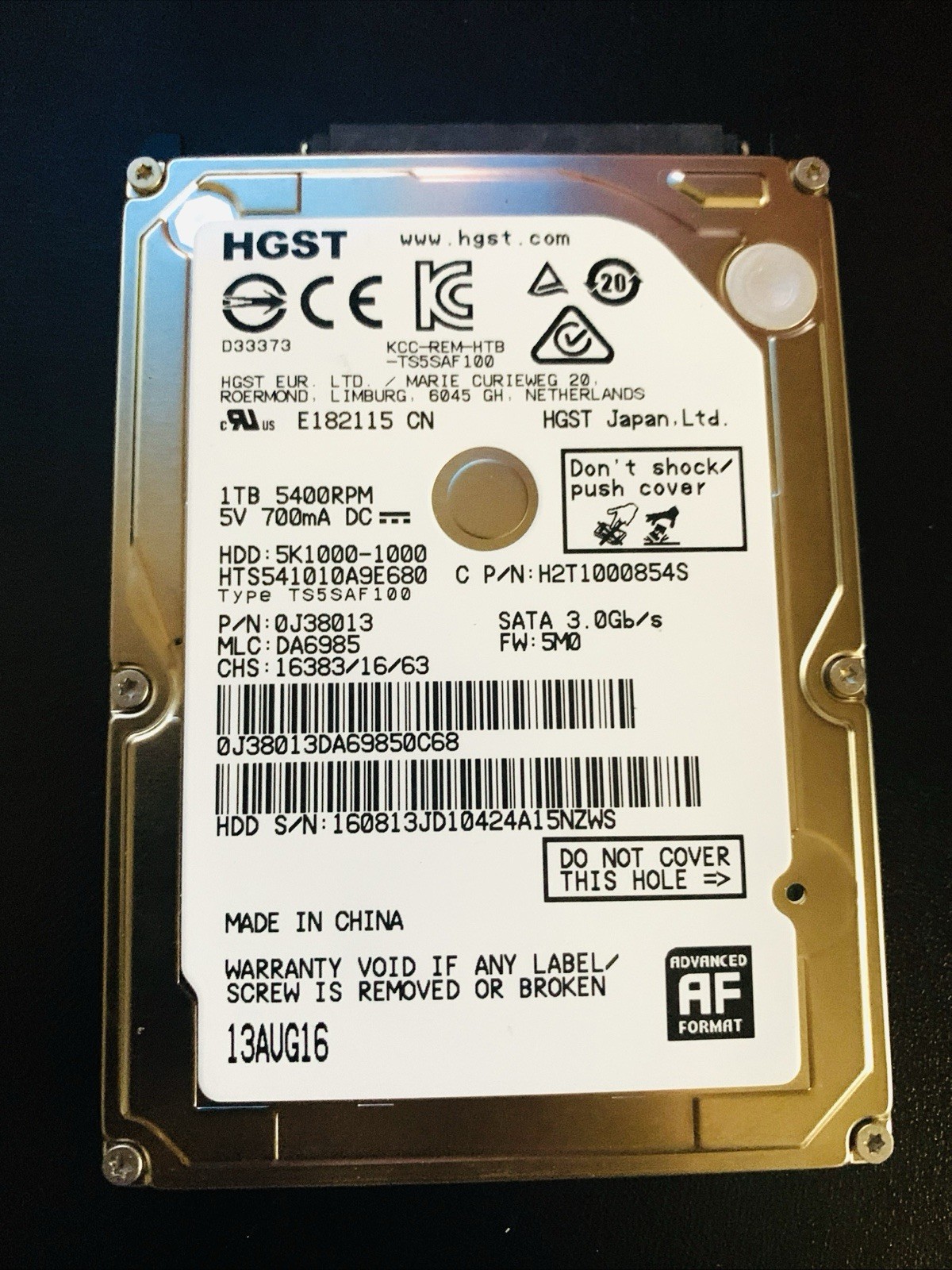 HGST 1TB 2.5" SATA HDD HTS541010A9E680 5400RPM