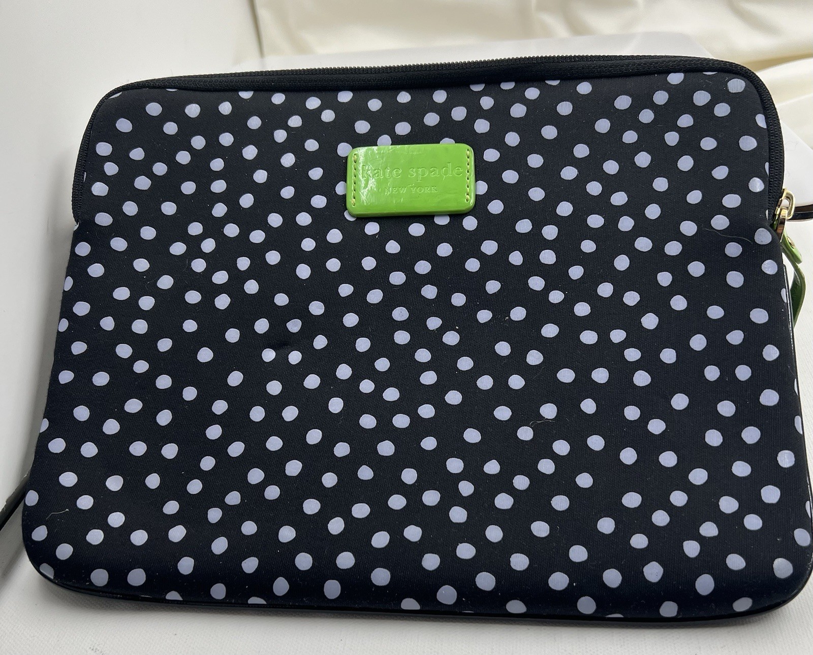 Kate Spade Tablet Sleeve 10” Wide Black White Polka Dots Lime Green Interior EUC