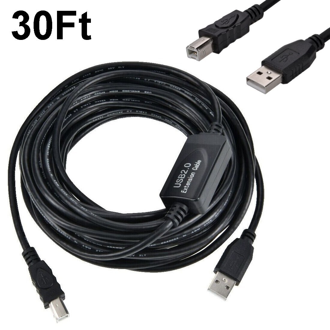 30Ft 30Feet USB 2.0 A Male to B Active Repeater Printer Scanner Modem Cable