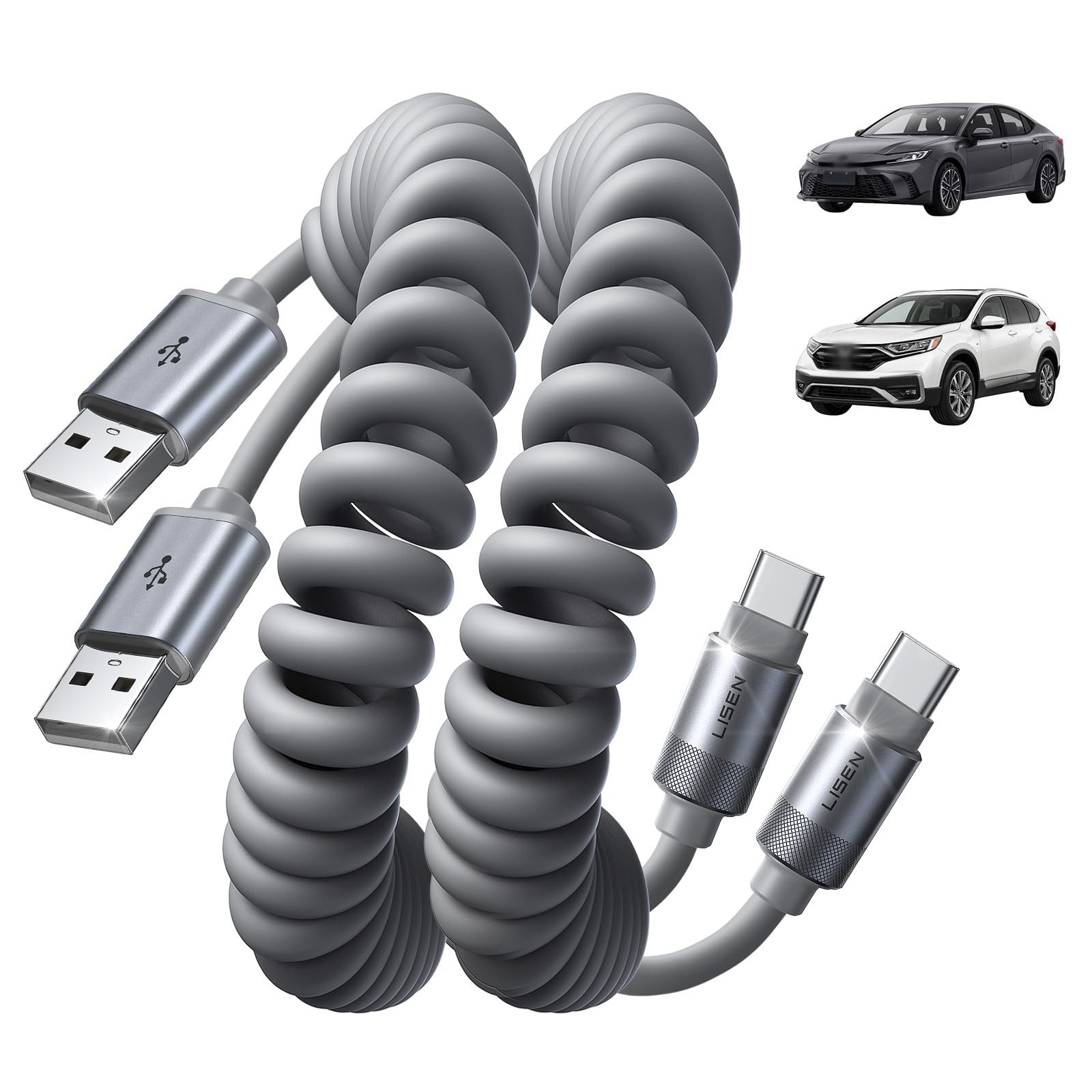 LISEN Coiled USB C Cable, A to C Cable 2 Pack Type C 4FT, Space Gray