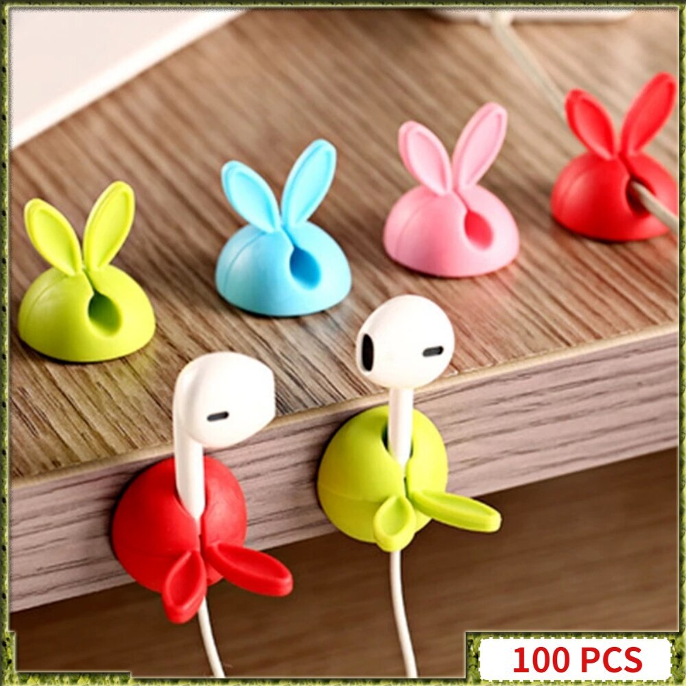 100PCS Cable Management Cute Bunny Ears Silicone Holder UBS Cable Power Cable