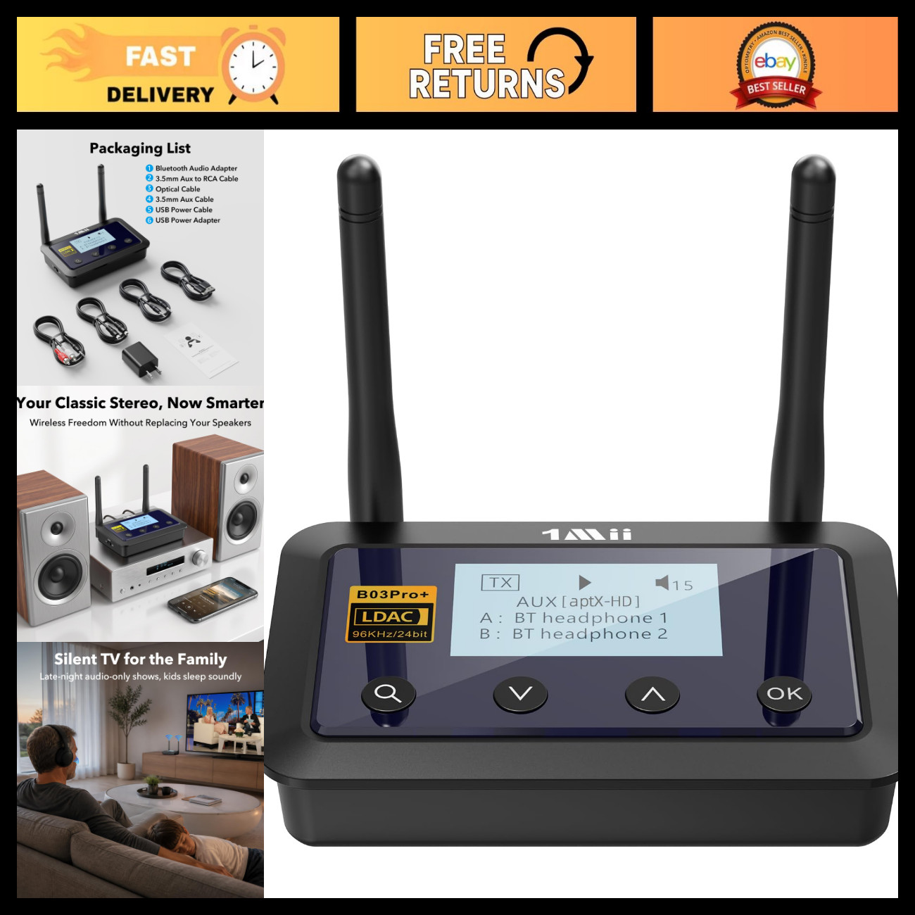 Bluetooth 5.3 Transmitter Receiver w/LDAC for TV & Home Stereo - 1Mii B03Pro+