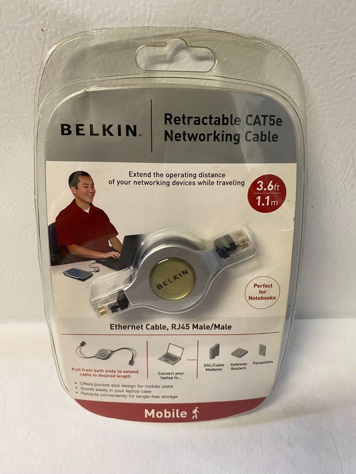 Belkin Retractable CAT5e Networking Cable, RJ45 Male/Male, NEW