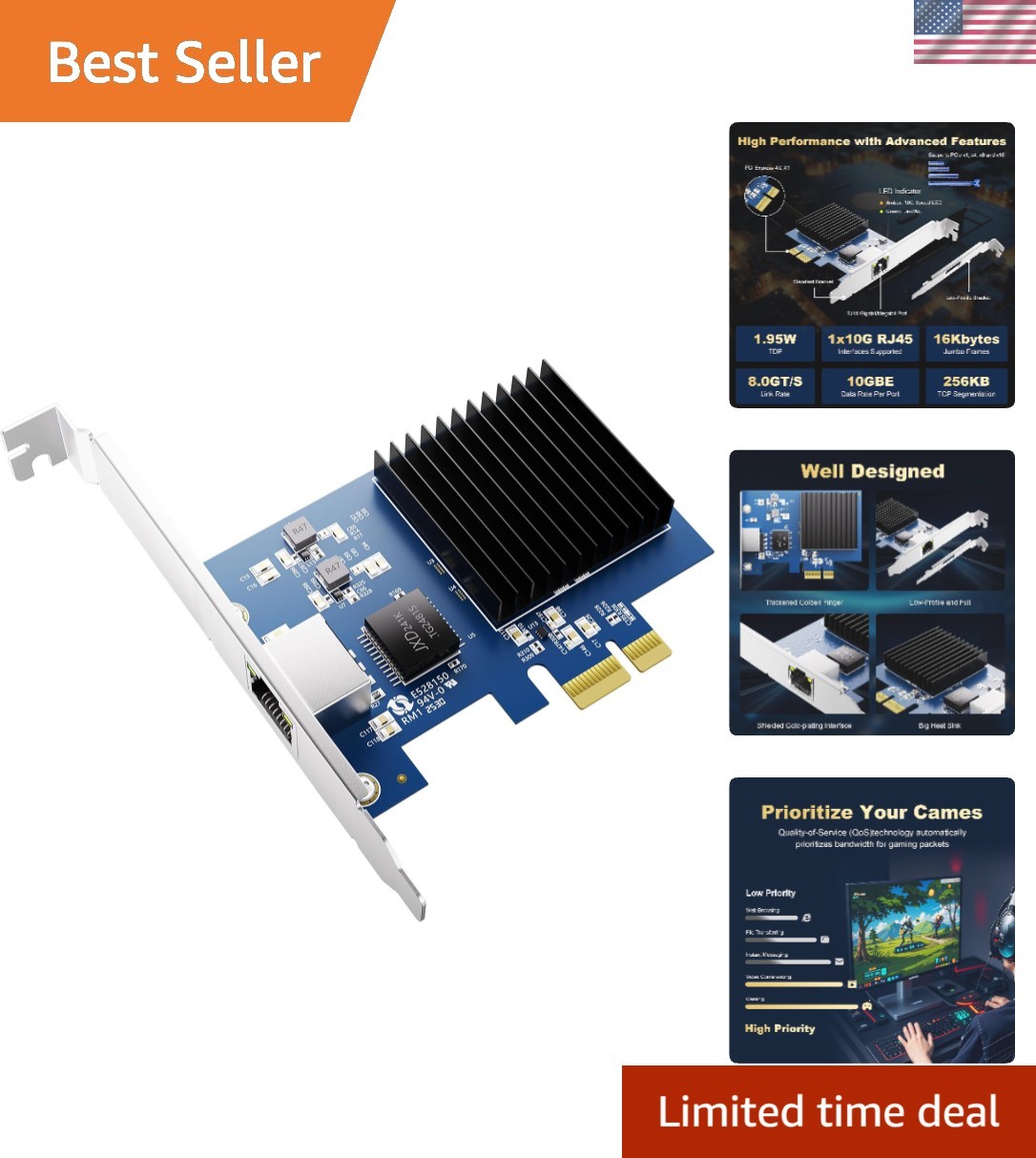 10Gb PCIe Network Card, Realtek RTL8127 10G RJ45 Ethernet Adapter