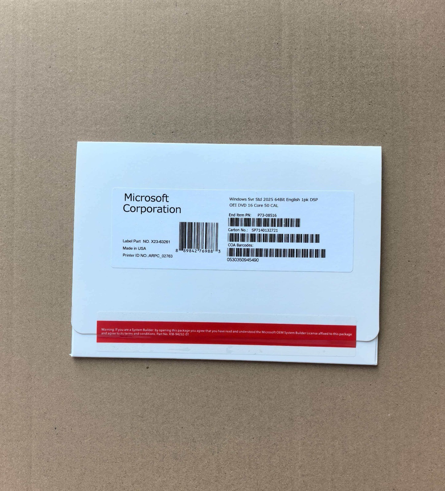 Microsoft Windows Server 2025 Standard 64Bit 16 Core-50 CALs DVD With Key Sealed