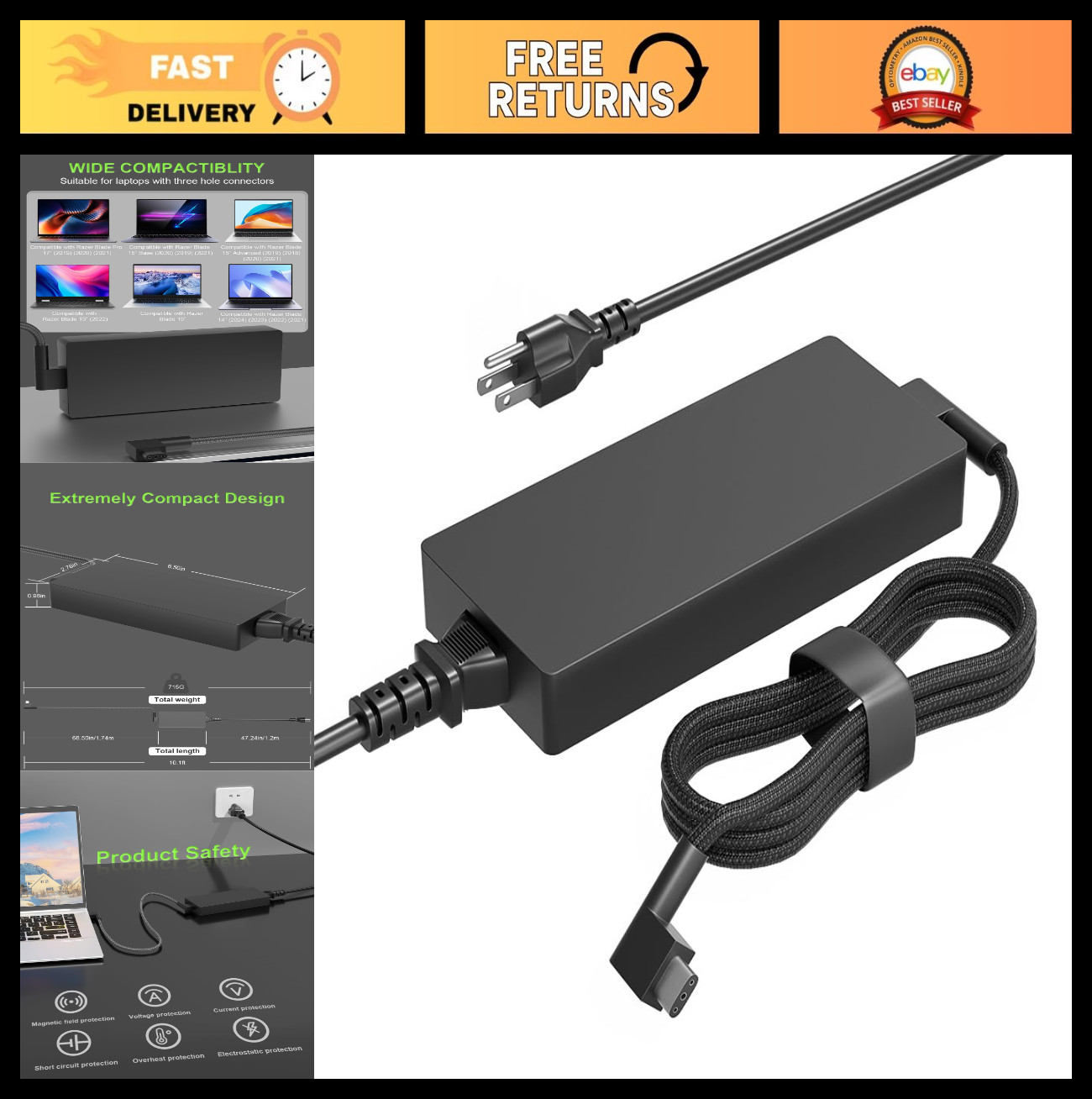 230W Power Adapter Charger for Razer Blade 14" 15" 16" 17" Gaming Laptops RTX-30