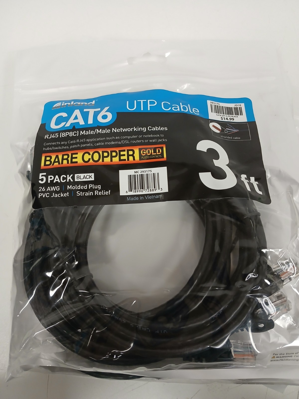 5 PACK Inland CAT6 UTP Cable RJ45 Male/Male Networking Cable, 3ft