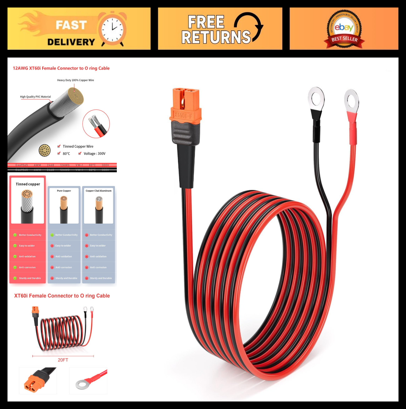 12AWG 20FT XT60i to O Ring Terminal Cable for Power Stations & Batteries