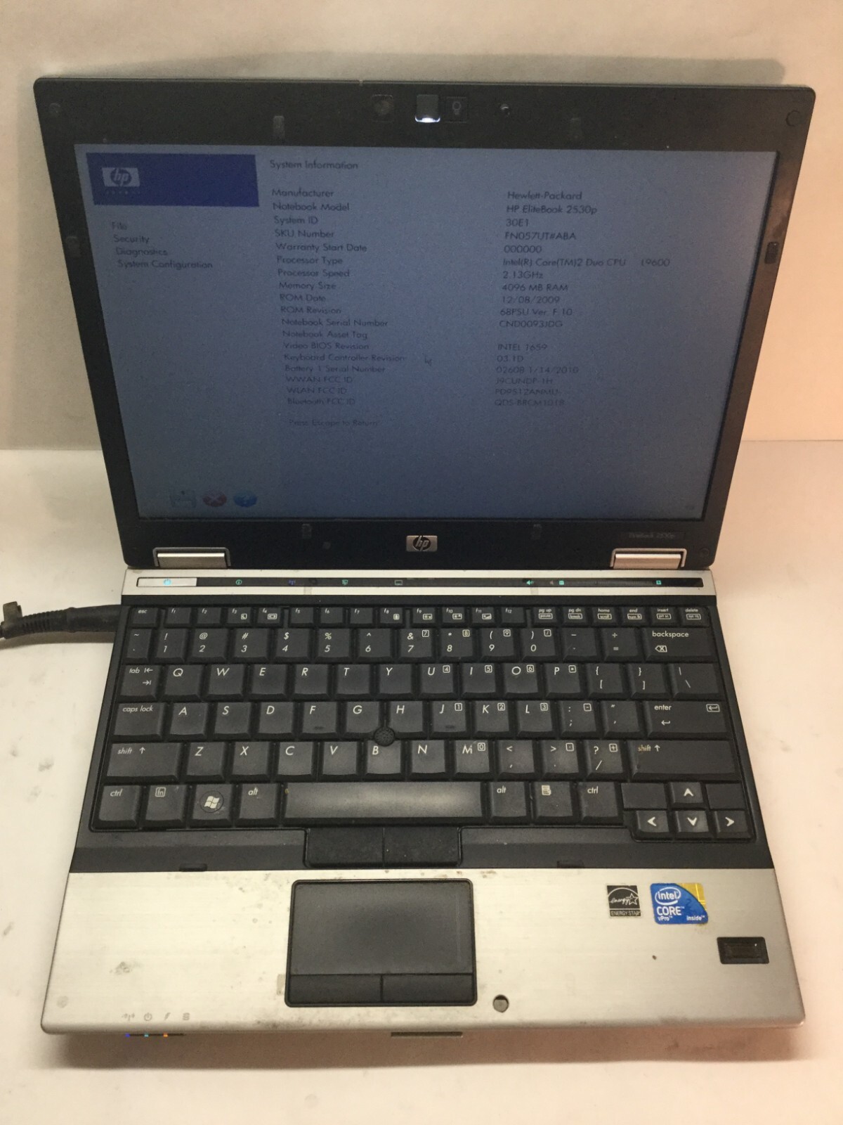 HP EliteBook 2530P 12" Laptop Intel Core 2 Duo -BOOTS TO BIOS -MZ