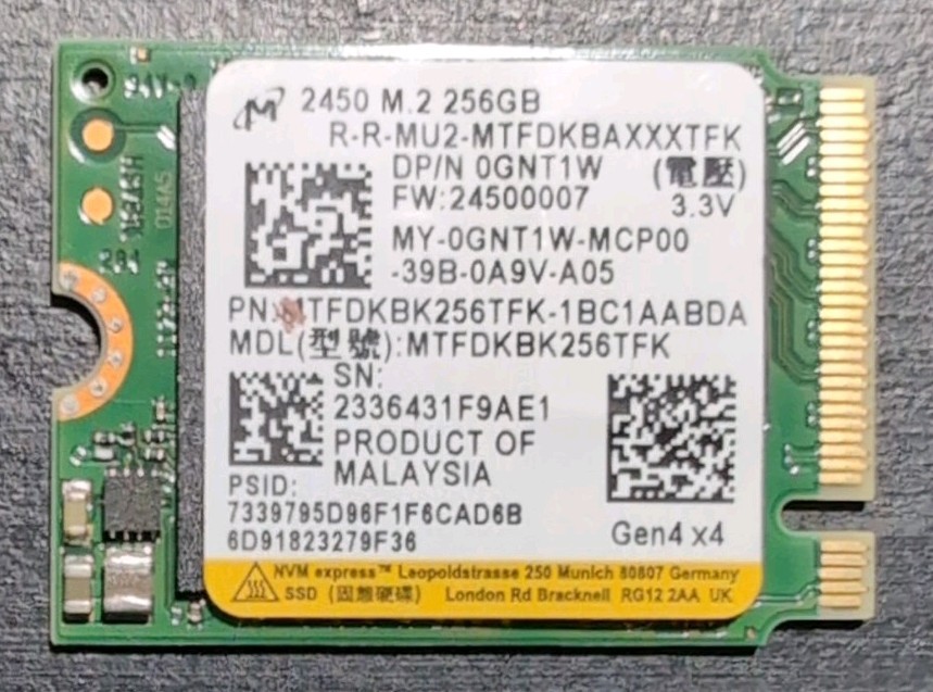Micron 2450 256GB M.2 2230 PCIe Gen4 x4 NVMe SSD MTFDKBK256TFK OEM 100% Health
