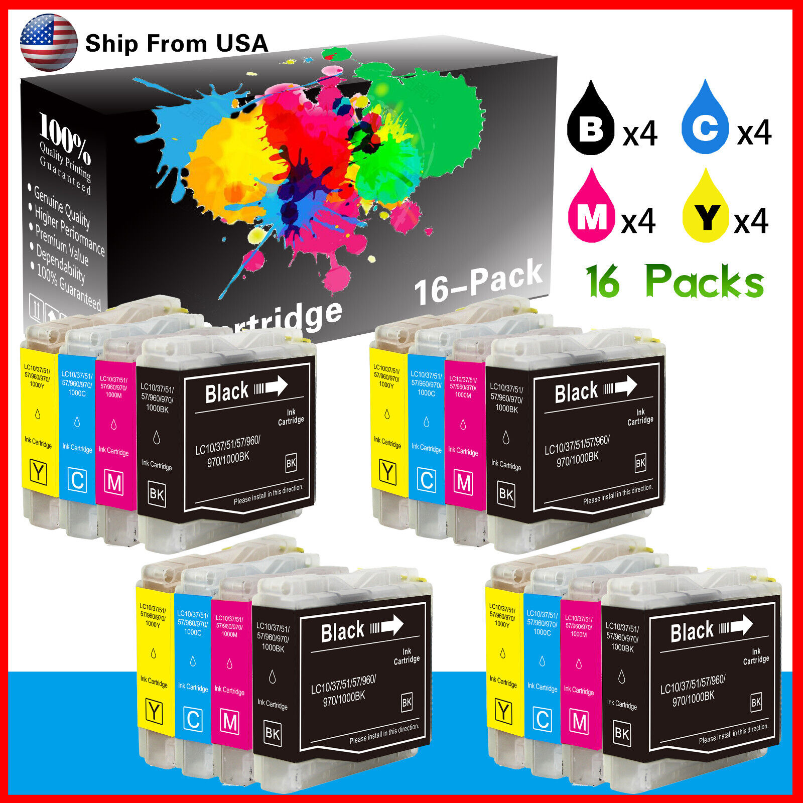 16PK LC51 Ink Cartridge LC51BK for MFC-465CN MFC-665CW MFC-685Cw Printer (2BCMY)