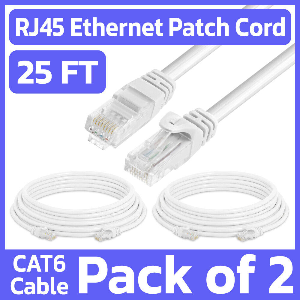 2 Pack White Cat6 Cable 25ft LAN Internet Patch Cord Ethernet Cable Network RJ45