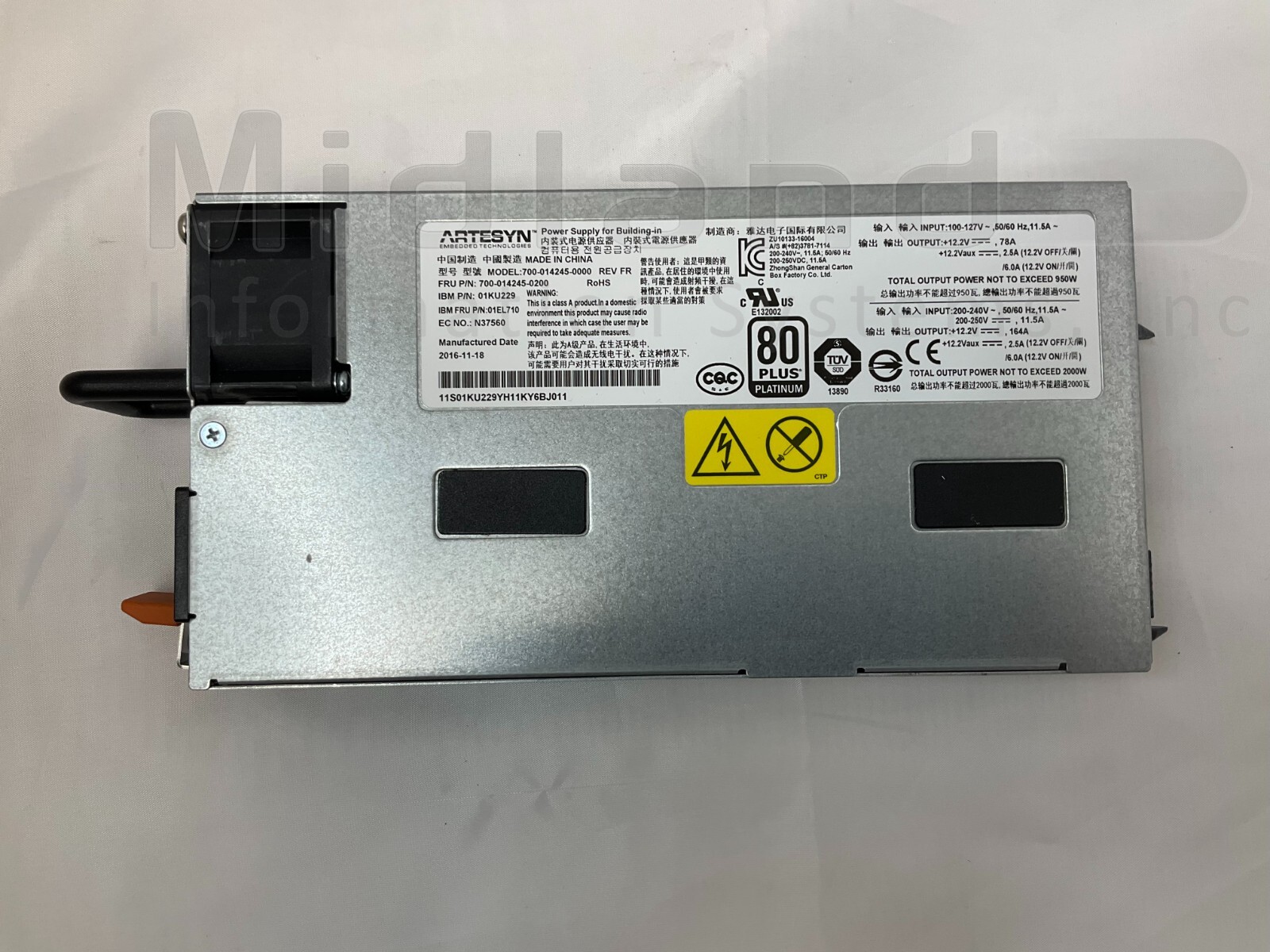 IBM 01EL710 EB3M 2000W 200-240V AC Power Supply for 8408-44E, 9040-MR9 51DE