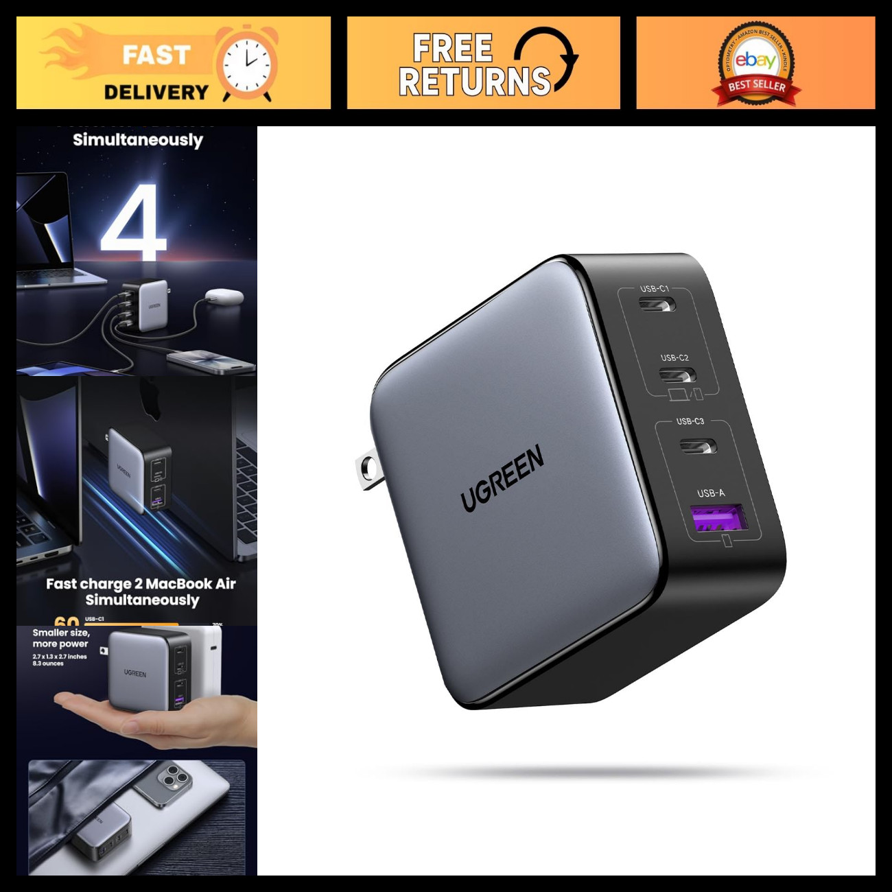 100W GaN USB C Charger, 4-Port Fast Charging Station for Laptops & Devices